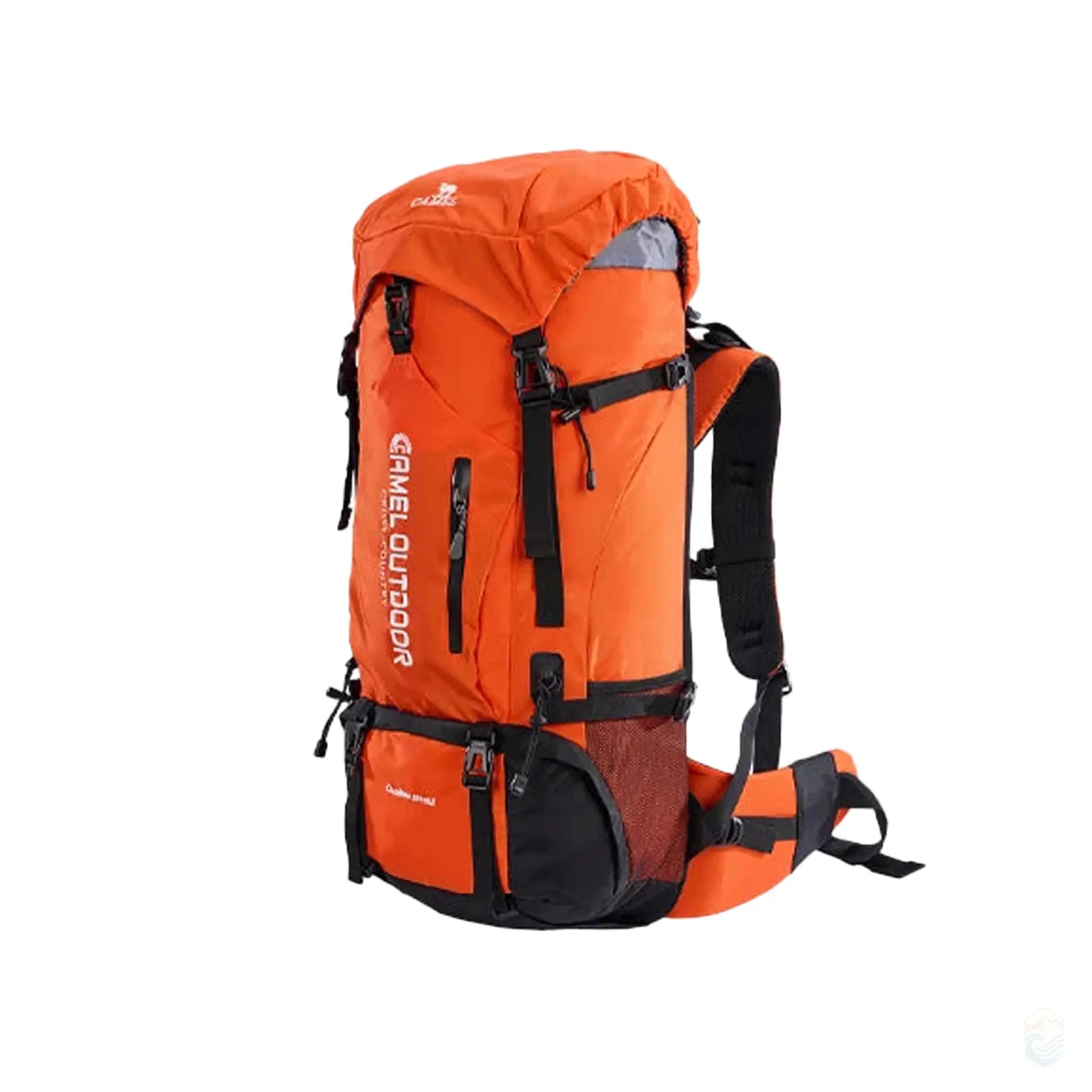 Camel 65L waterproof hiking backpack in orange, featuring a large capacity, breathable design, and adjustable straps, ideal for long hiking trips and outdoor adventures.