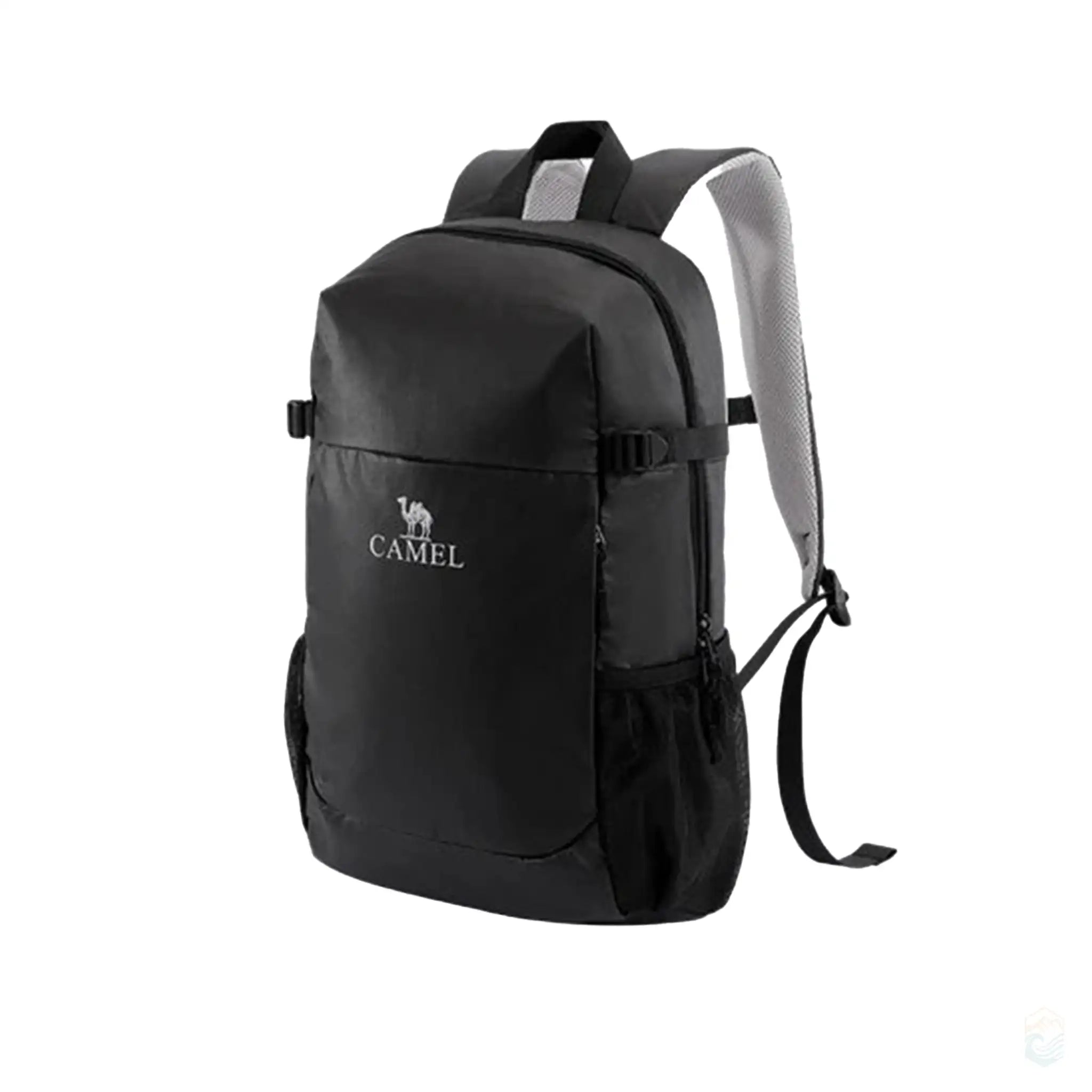 Camel lightweight waterproof hiking backpack in black, featuring a streamlined design with a front pocket, mesh side pockets, and adjustable padded straps, ideal for versatile outdoor use.