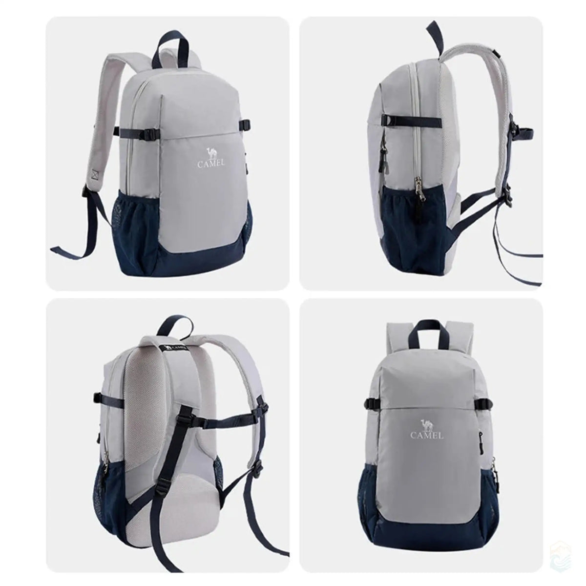 Multiple views of the Camel waterproof hiking backpack in gray, highlighting the front, side, back, and angled perspectives to showcase the design and functional details.