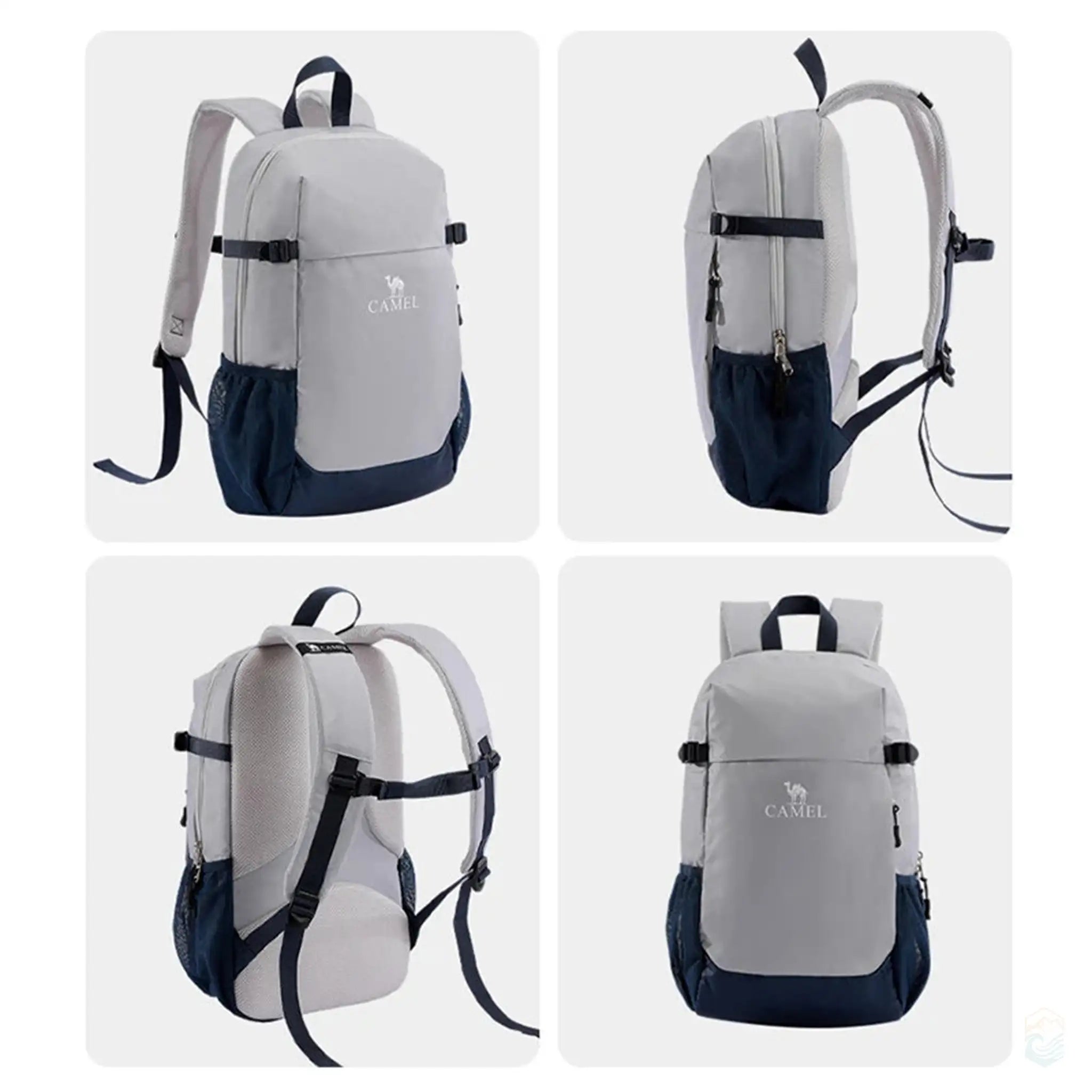 Multiple views of the Camel waterproof hiking backpack in gray, highlighting the front, side, back, and angled perspectives to showcase the design and functional details.