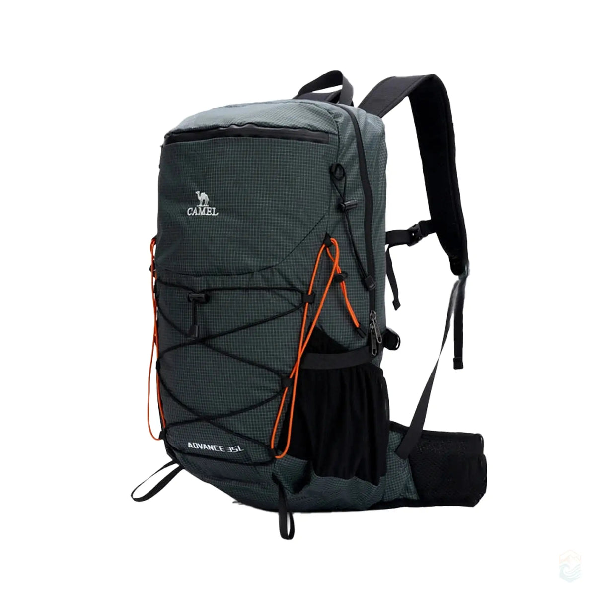 Camel 35L waterproof outdoor backpack in dark green, equipped with a brand logo, hoverback design for comfort, and an orange-accented rain cover, designed for hiking and outdoor adventures.