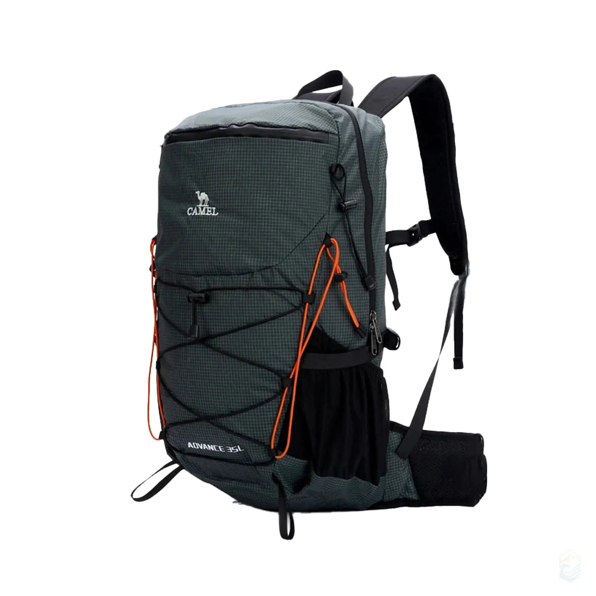 Camel 35L waterproof outdoor backpack in dark green, equipped with a brand logo, hoverback design for comfort, and an orange-accented rain cover, designed for hiking and outdoor adventures.