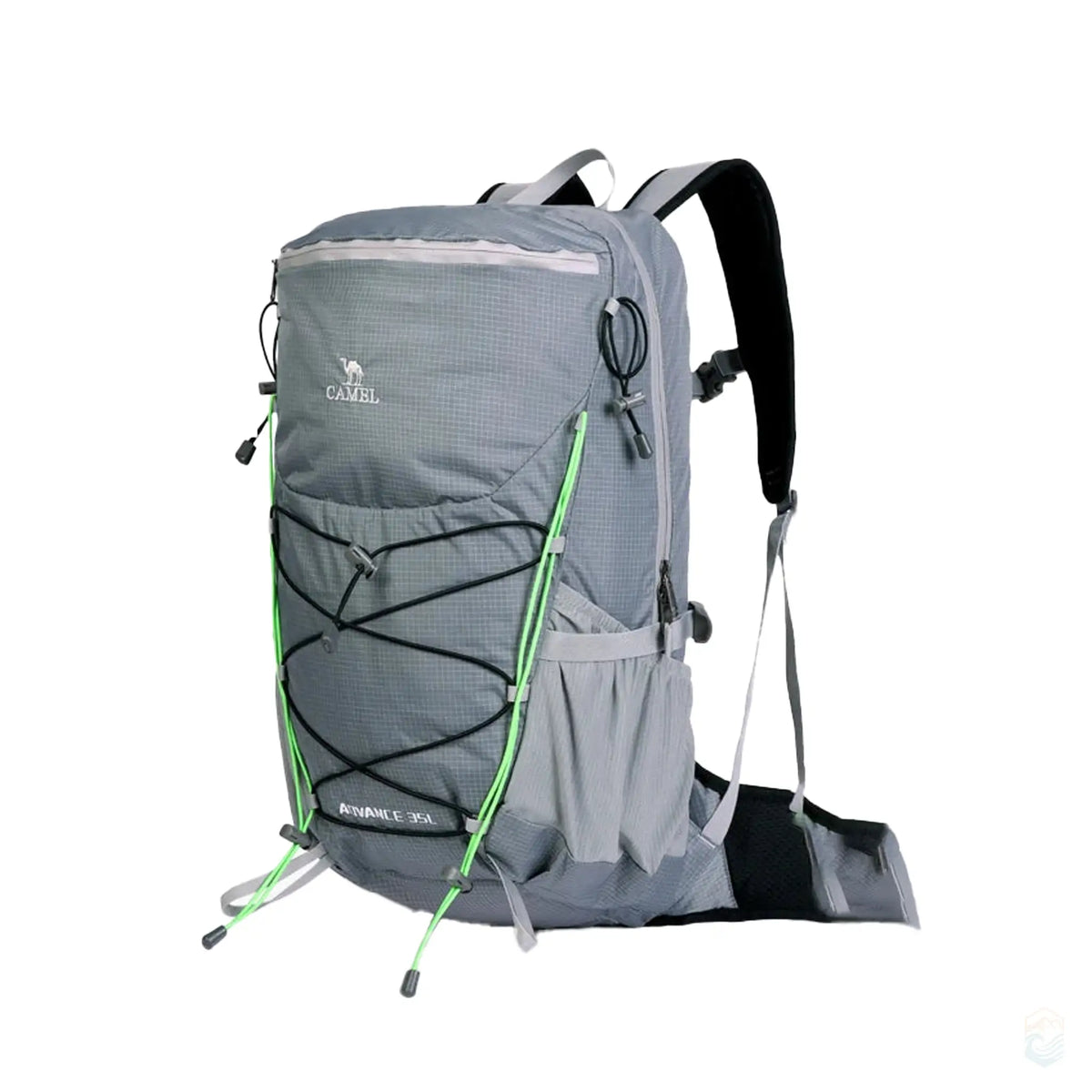 Camel 35L waterproof outdoor backpack in gray, featuring a brand logo, hoverback design for breathability, and an orange rain cover with green accents, perfect for hiking and outdoor expeditions.