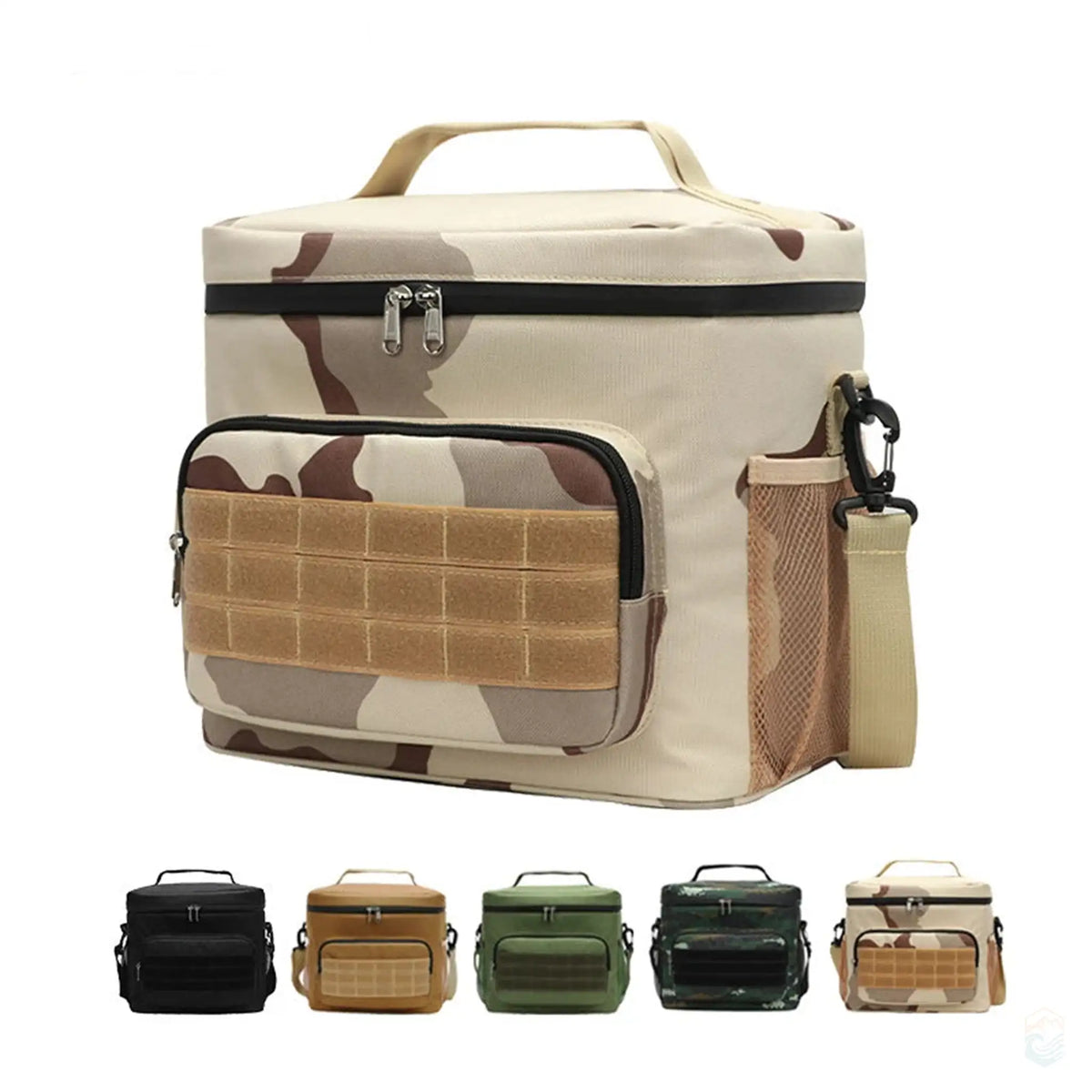 View of camping cooler bags in all available colors, including sand camo, digital gray camo, black camo, army green, midnight black, and sandstone.