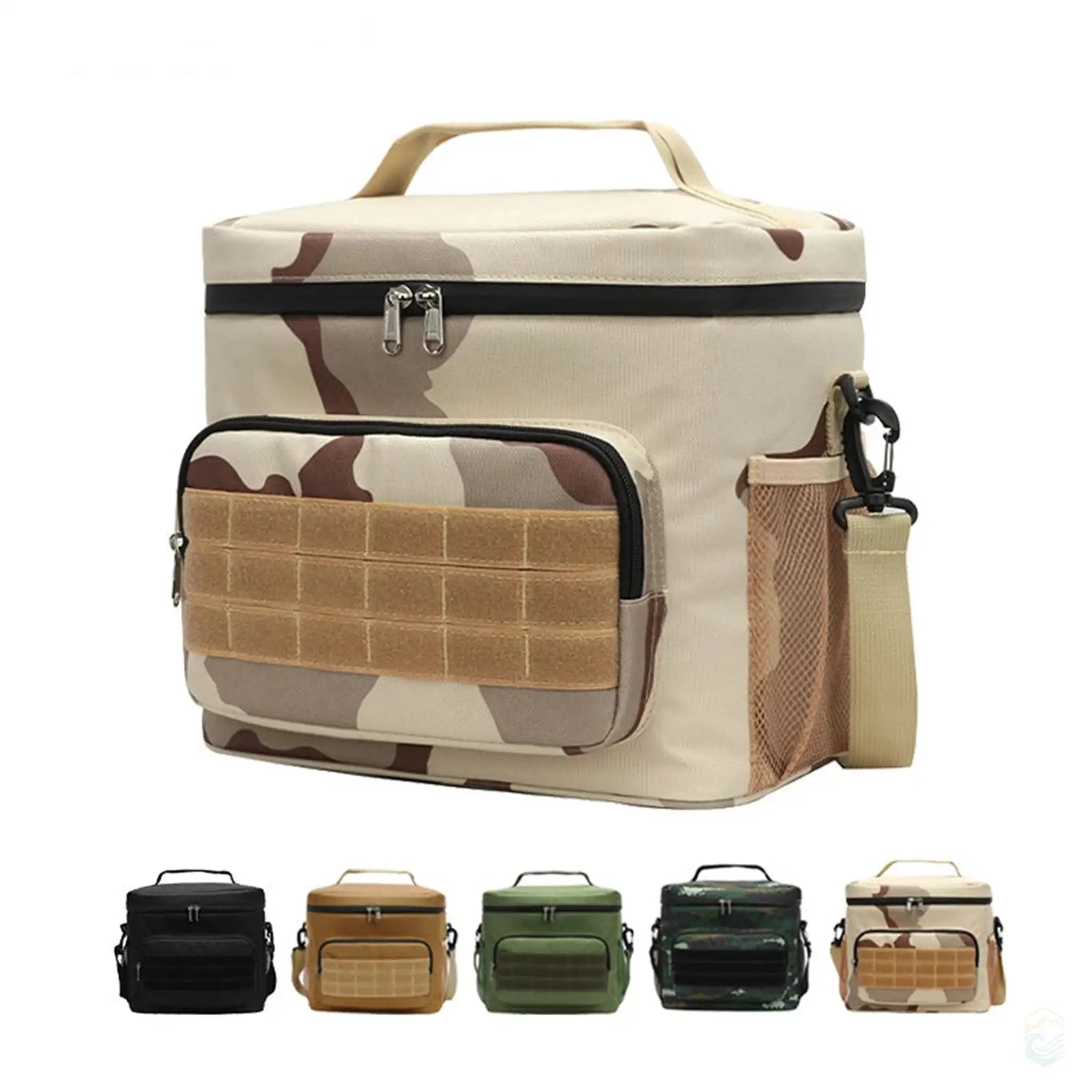 View of camping cooler bags in all available colors, including sand camo, digital gray camo, black camo, army green, midnight black, and sandstone.