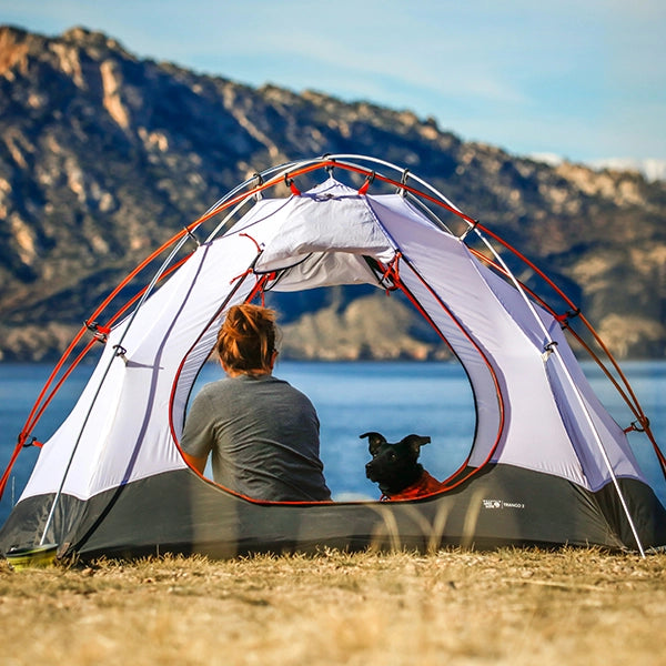 A camping tent with a woman and a black dog sitting inside, facing towards a scenic view of mountains and a lake.
