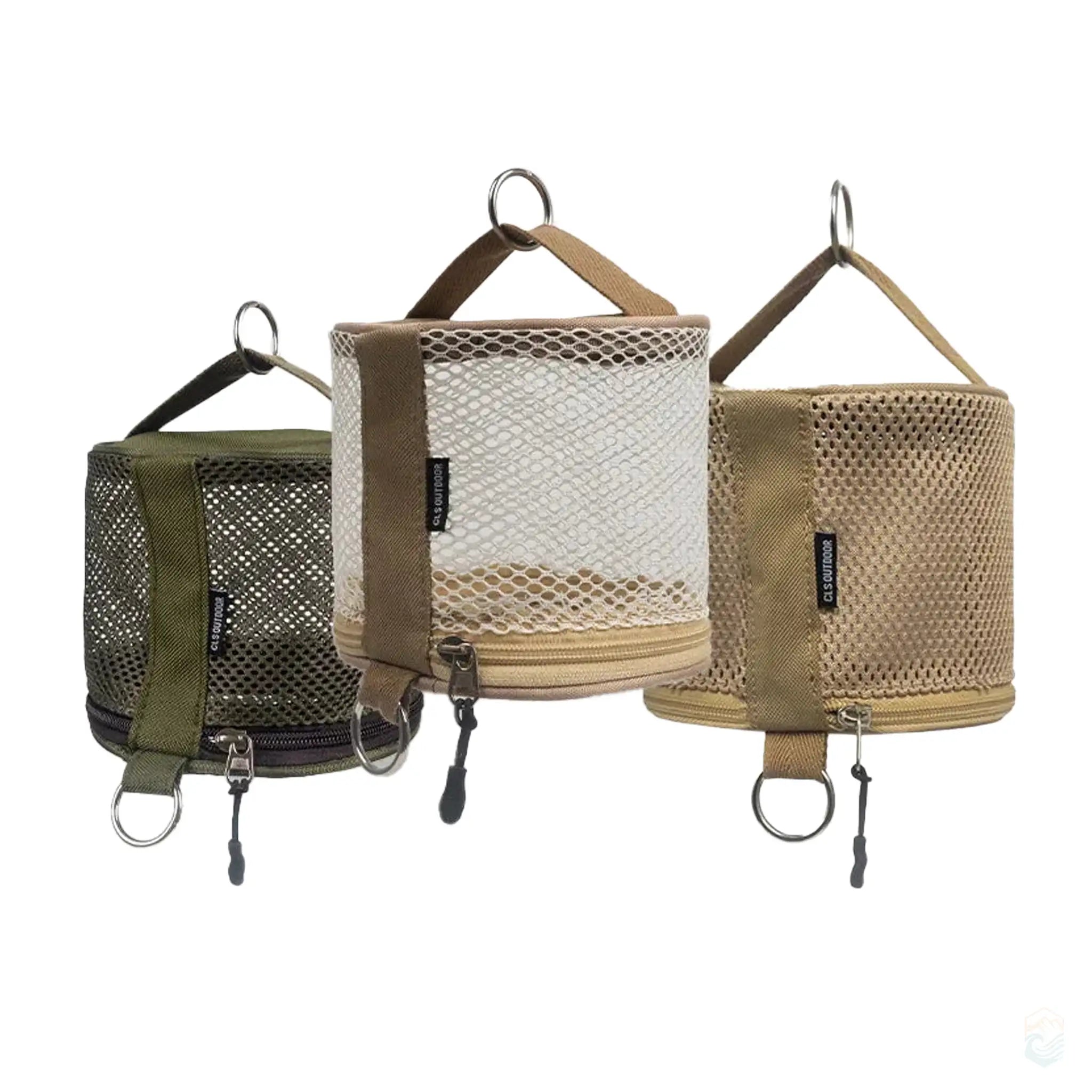 Set of CLS outdoor camping toilet paper storage cases in army green, white, and khaki, featuring durable oxford and mesh cloth with hanging loops and zippered closures