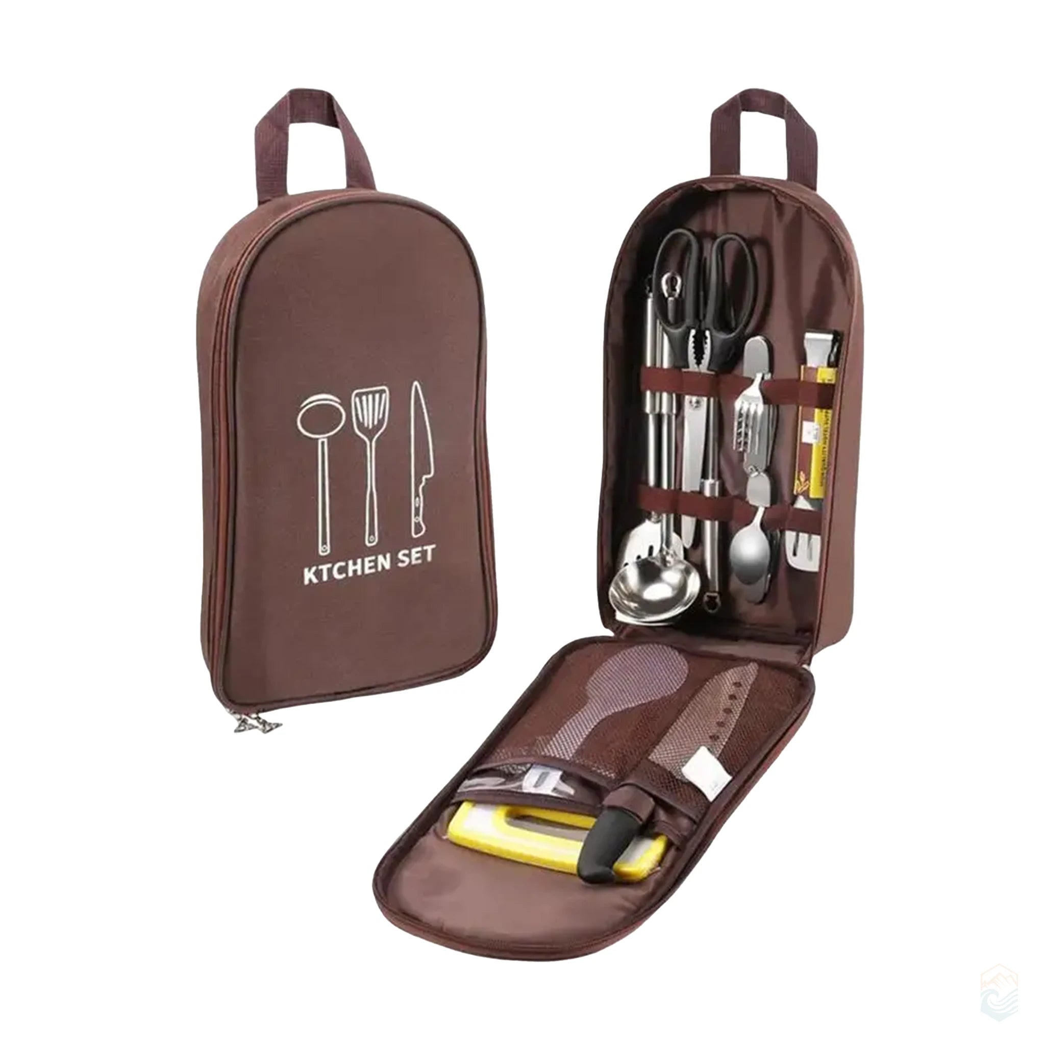 Coffee-colored portable camping kitchenware bag shown zipped and fully opened, revealing organized cooking utensils including knife, ladle, spatula, scissors, and cutting board