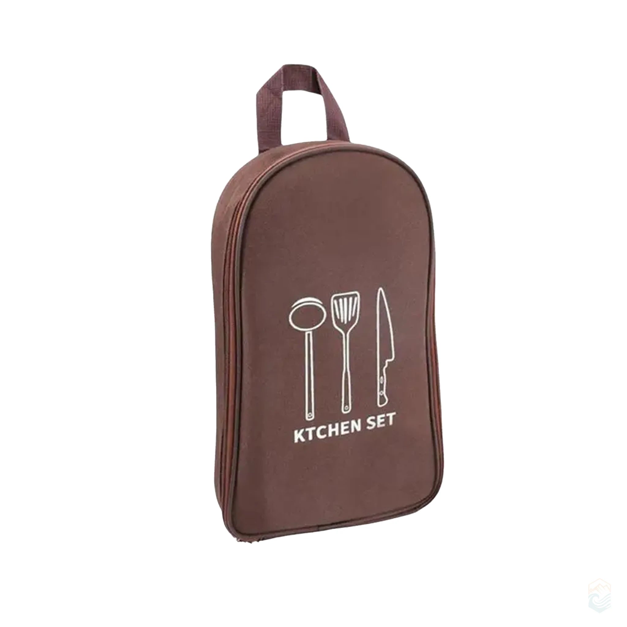 Coffee-colored outdoor kitchenware storage bag with top handle and printed utensil icons, ideal for organizing camping cooking tools and travel gear
