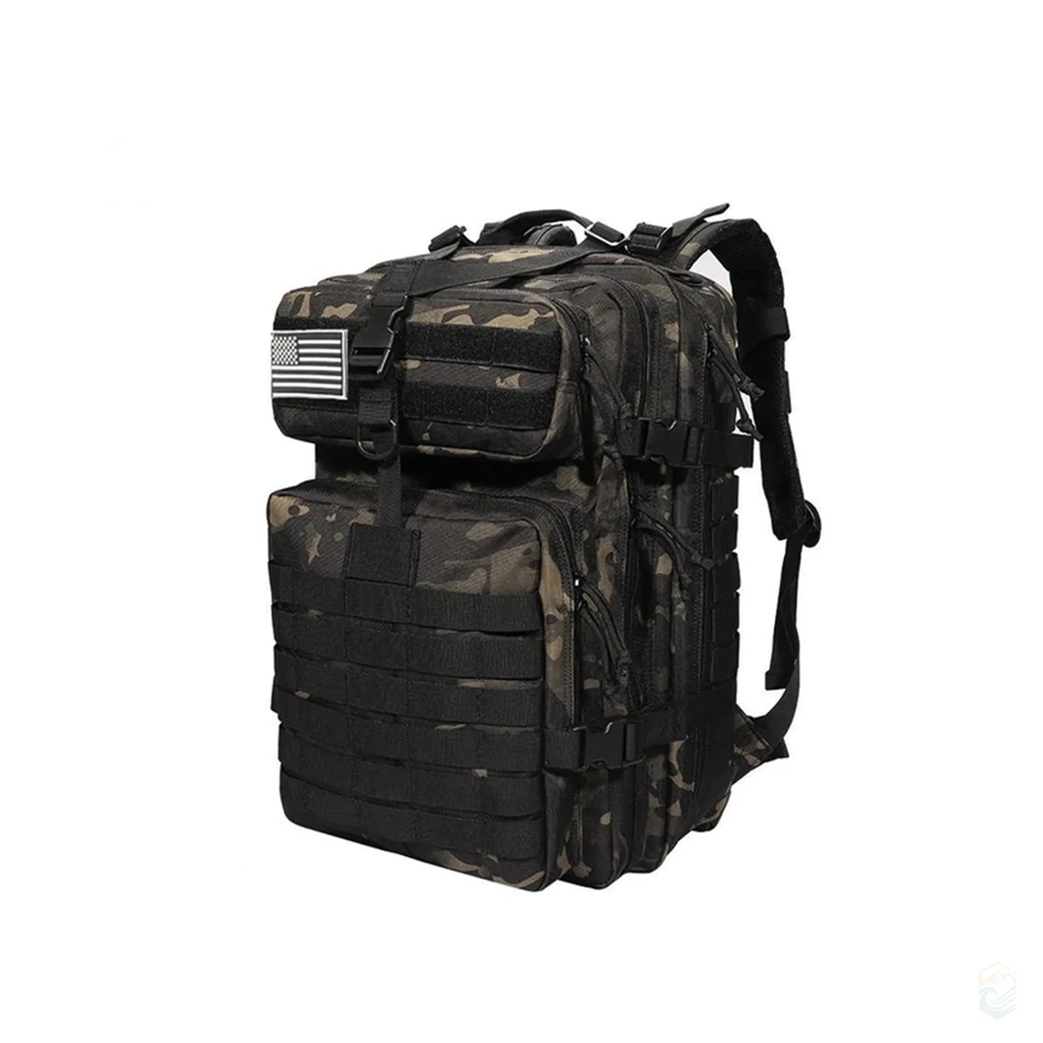 50L CP Black camouflage tactical backpack with multi-compartment design, heavy-duty MOLLE webbing, reinforced shoulder straps, and Velcro patch—perfect for rugged outdoor use, survival gear, or military-style hiking