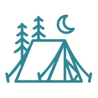 Icon of a tent with trees and a moon representing curated selection of outdoor gear