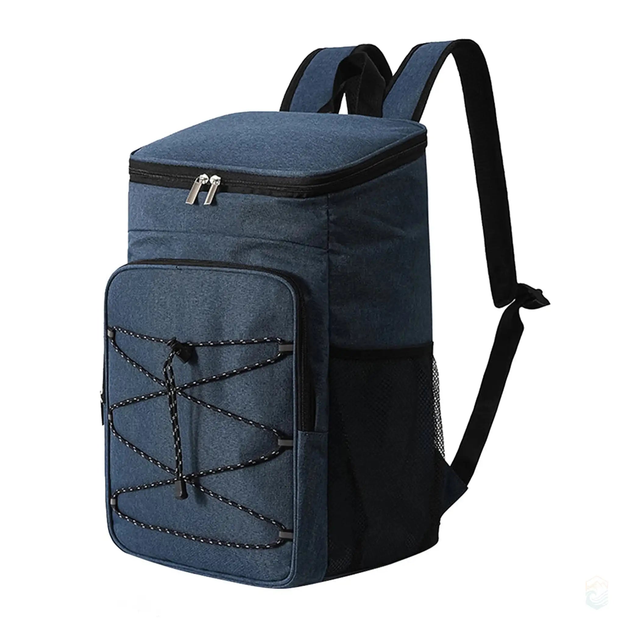Deep blue cooler backpack with front pocket, side mesh pockets, and adjustable straps, ideal for outdoor activities.