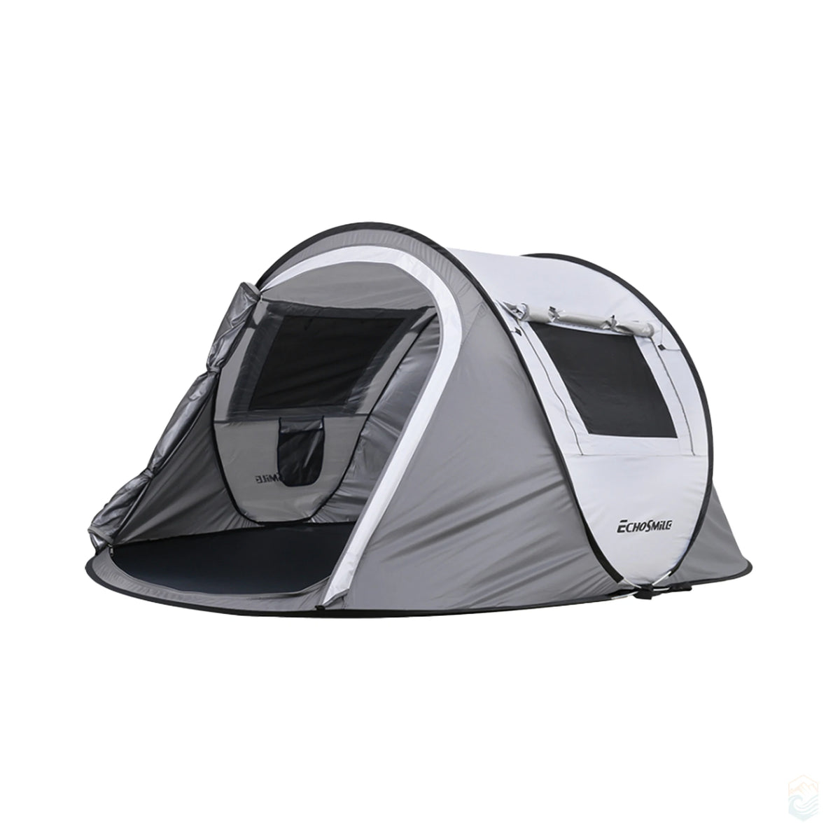 EchoSmile 5-person camping tent in gray with black floor, featuring pop-up instant setup design, large front door, and dual mesh windows for weather-resistant outdoor shelter