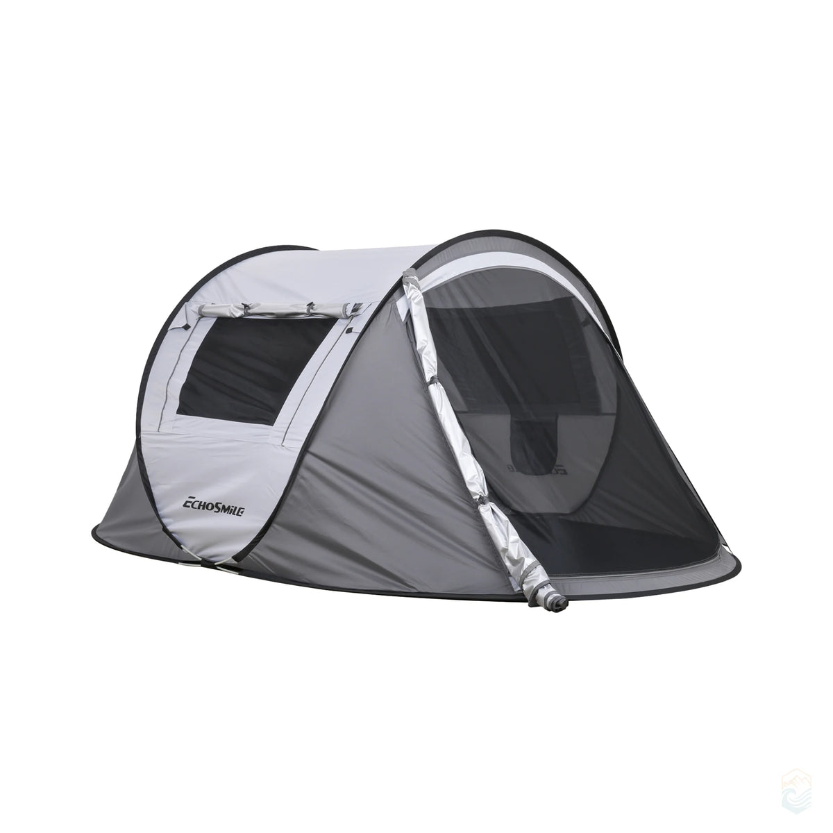 EchoSmile 5-person pop-up camping tent with front mesh door zipped for ventilation and bug protection, shown in gray with side window and weather-resistant design