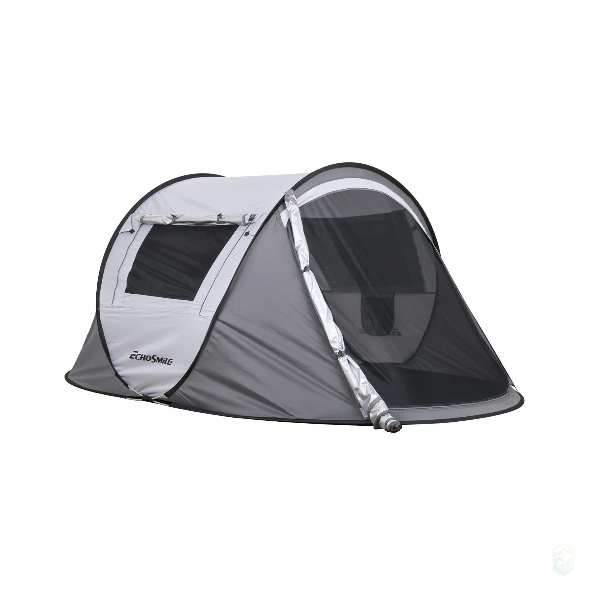 EchoSmile 5-person pop-up camping tent with front mesh door zipped for ventilation and bug protection, shown in gray with side window and weather-resistant design