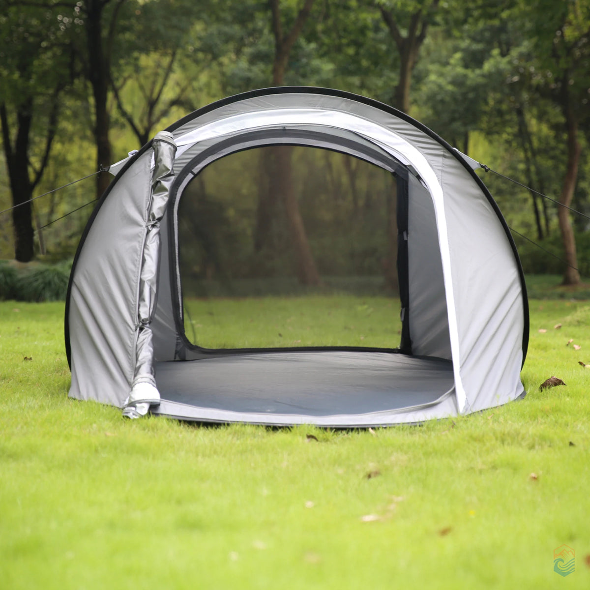 EchoSmile 5-person pop-up tent with front door rolled open, revealing spacious interior and full mesh screen for airflow and bug protection in a forest camping area