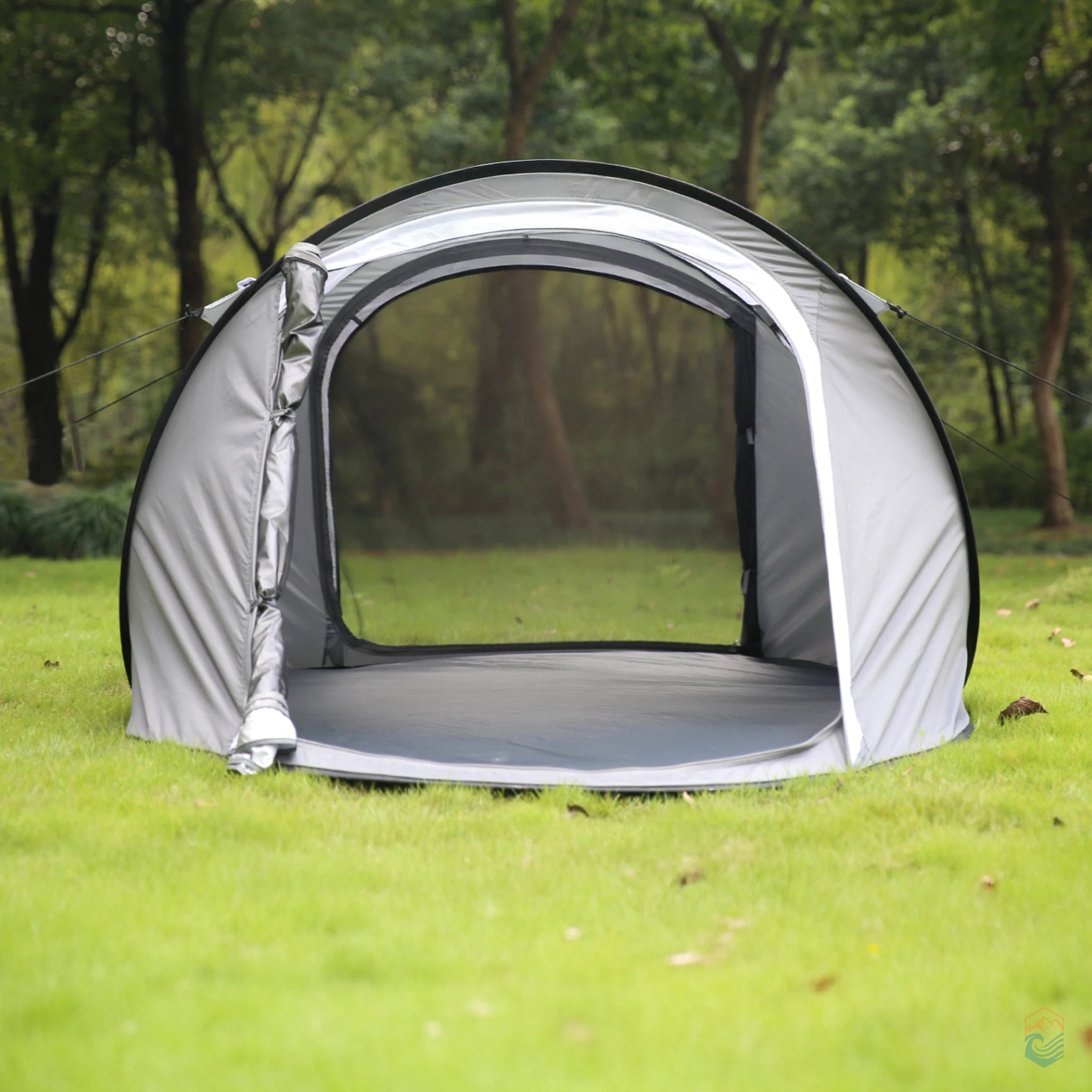 EchoSmile 5-person pop-up tent with front door rolled open, revealing spacious interior and full mesh screen for airflow and bug protection in a forest camping area
