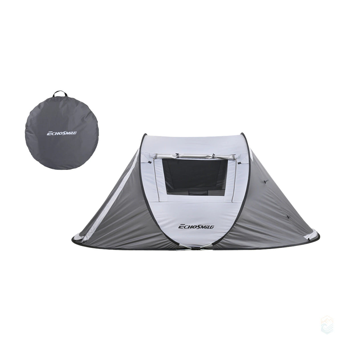 Front view of EchoSmile 5-person pop-up camping tent in gray with large window and weather flap, shown alongside compact circular carry bag for easy transport and storage