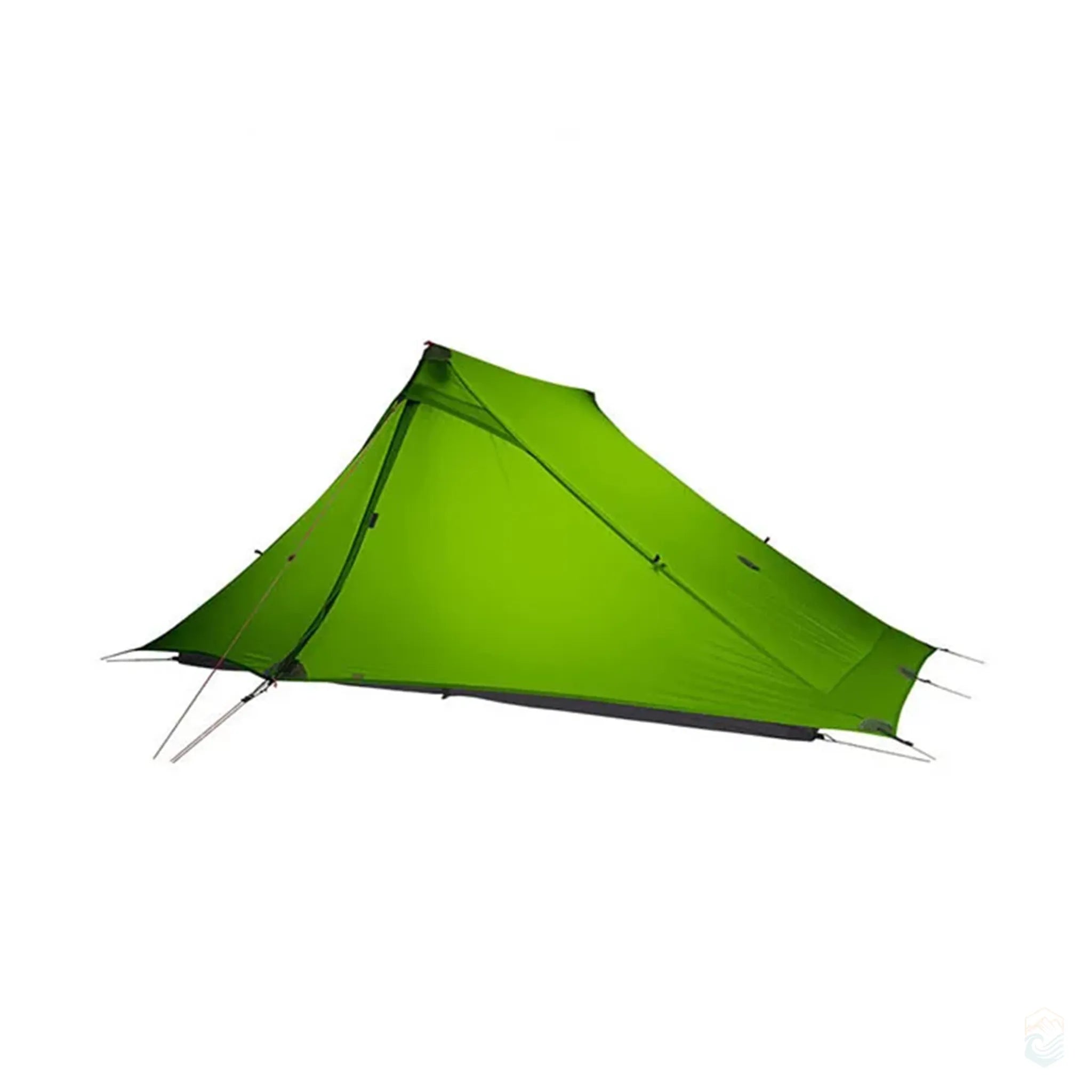 Bright green FLAME'S CREED Lanshan 2 Pro 4-season ultralight camping tent designed for extreme weather, shown fully pitched on a white background with reflective guy lines and reinforced trekking pole structure for alpine and winter use