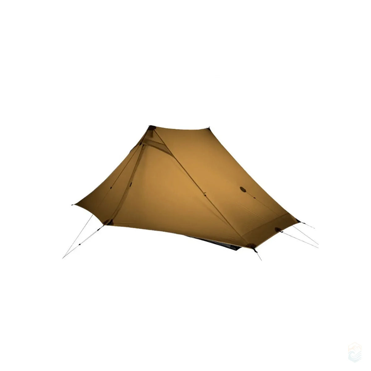 FLAME'S CREED Lanshan 2 Pro lightweight 2-person camping tent in brown, shown fully pitched with tensioned guy lines and minimalist trekking pole-supported frame, made of durable 20D fabric for ultralight backpacking.