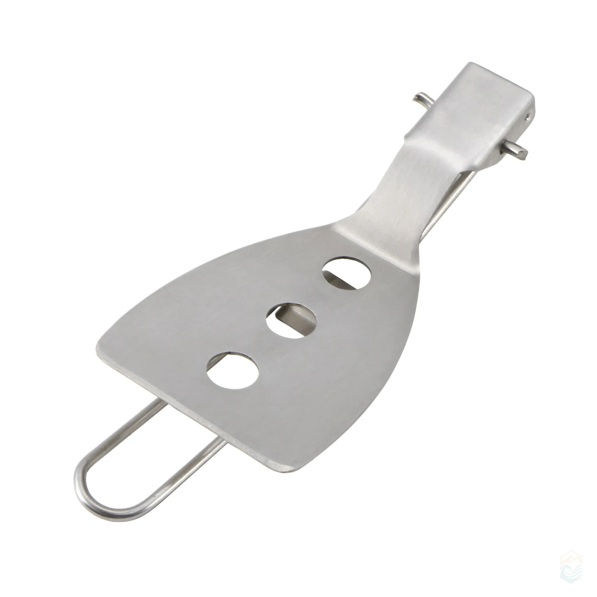 Stainless steel folding spatula shown in collapsed position with holes in blade and compact wire handle, perfect for space-saving outdoor cooking and camping gear setups