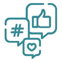 follow wilderness and waves on social media. This is an icon image with a like thumb, hashtag, and heart wrapped in chat bubbles.