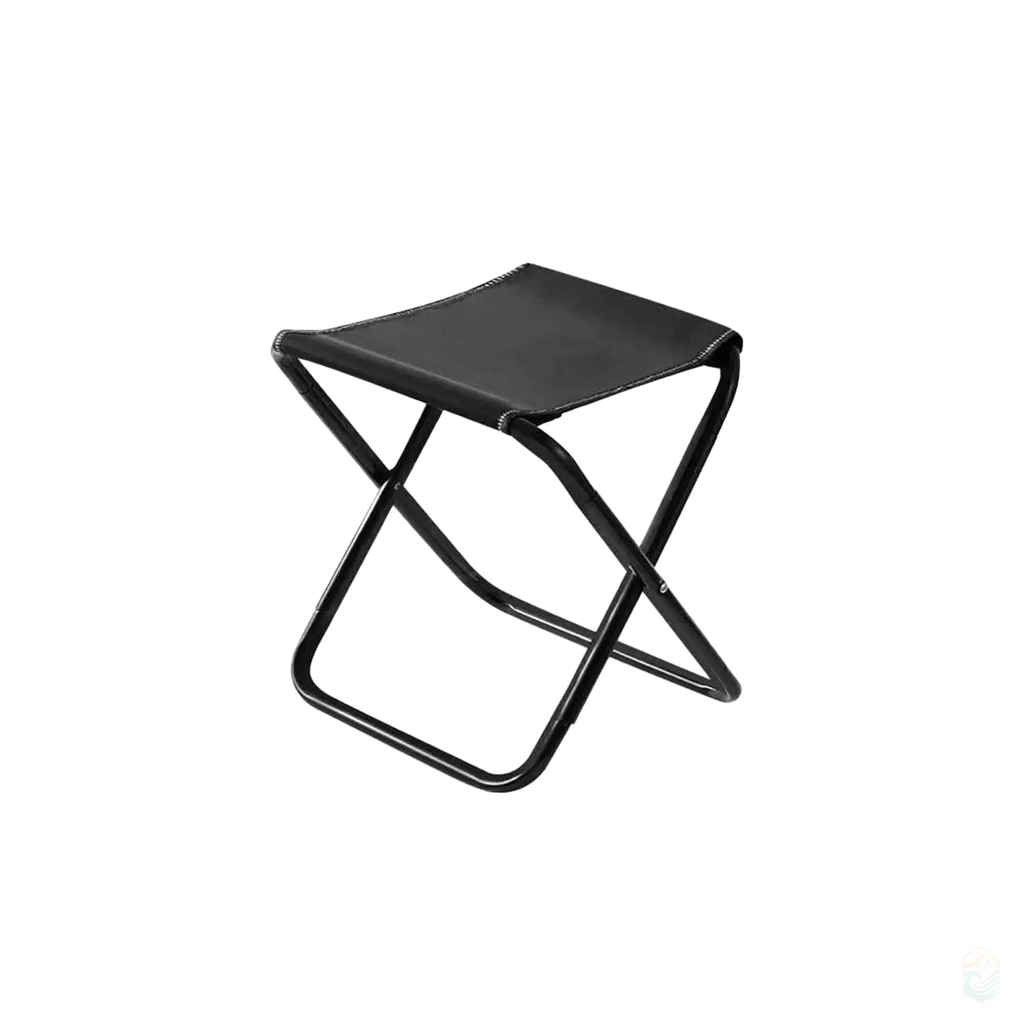 Portable lightweight folding chair in a full fold, black seat and legs, shown from a different angle for outdoor seating.