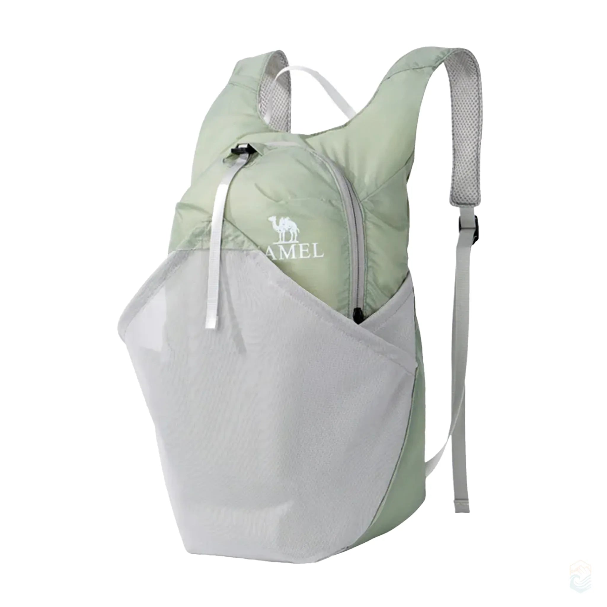 Golden Camel 14L ultralight waterproof backpack in light green with gray mesh front pocket and straps, perfect for hiking or daily use