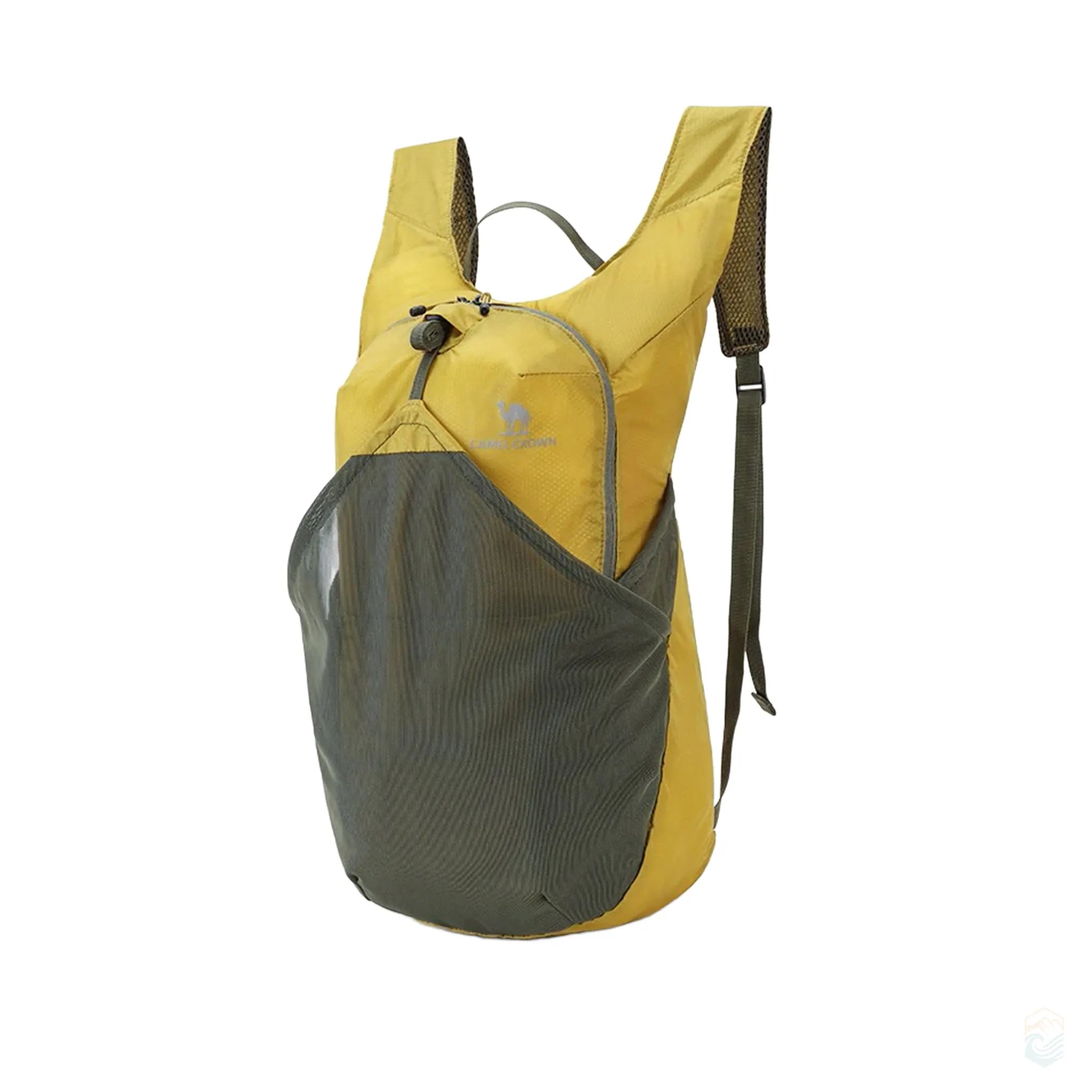 Golden Camel 14L ultralight waterproof backpack in yellow with olive mesh pockets, ideal for day hikes and travel