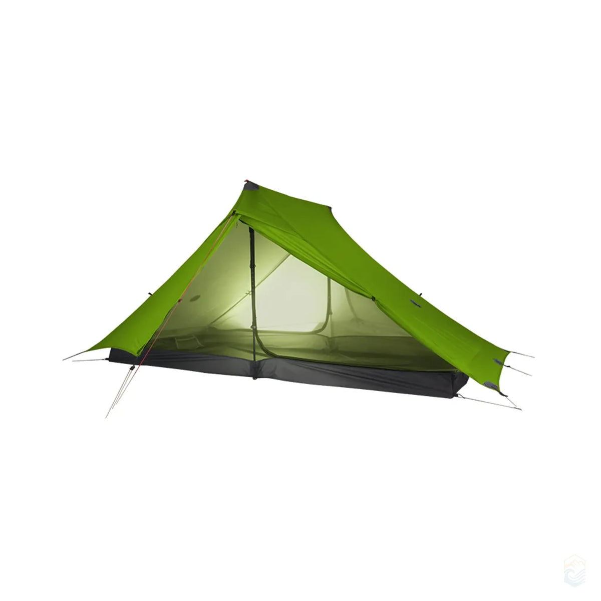 Green 3-season two-person camping tent with mesh interior exposed, showing breathable inner layer and ultralight structure, ideal for spring to fall backpacking, hiking, or minimalist camping setups.