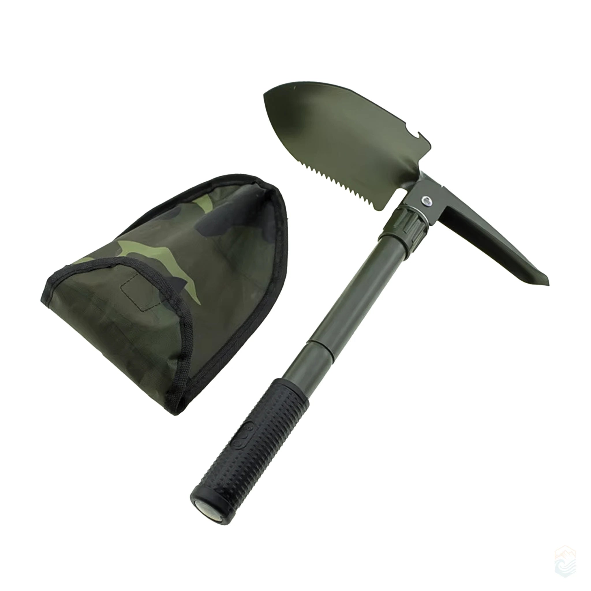 Green multifunction folding camping shovel with serrated spade, pickaxe attachment, and camouflage carrying pouch, ideal for outdoor digging, hiking, and survival use