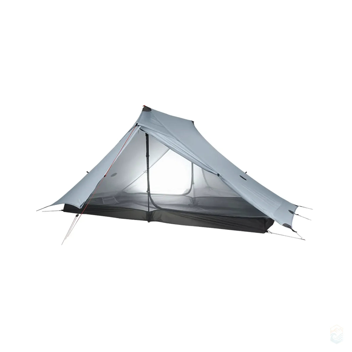 Grey 3-season lightweight camping tent with mesh interior shown, designed for two people and ideal for long-distance backpacking, trekking, or wilderness camping from spring through fall.