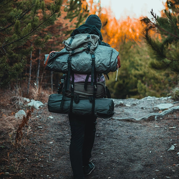 A hiker walking through a forest with a large hiking backpack and camping gear, surrounded by trees with a warm sunset glow.