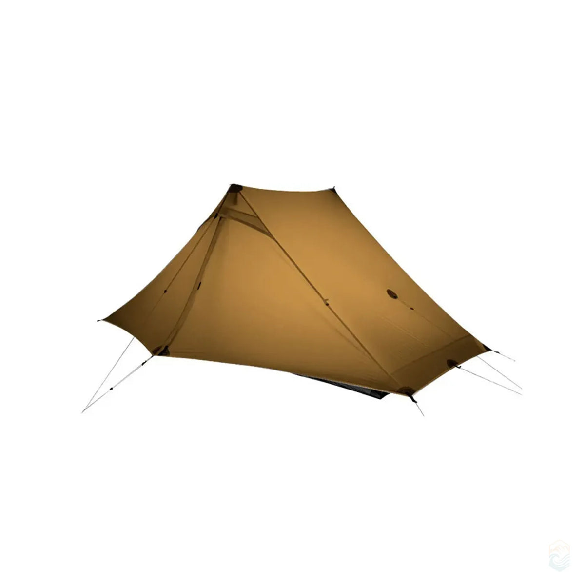Lightweight khaki 3-season two-person camping tent shown fully pitched with guy lines extended, featuring a minimalist A-frame design ideal for backpacking, hiking, and ultralight trekking setups in spring, summer, or fall conditions.