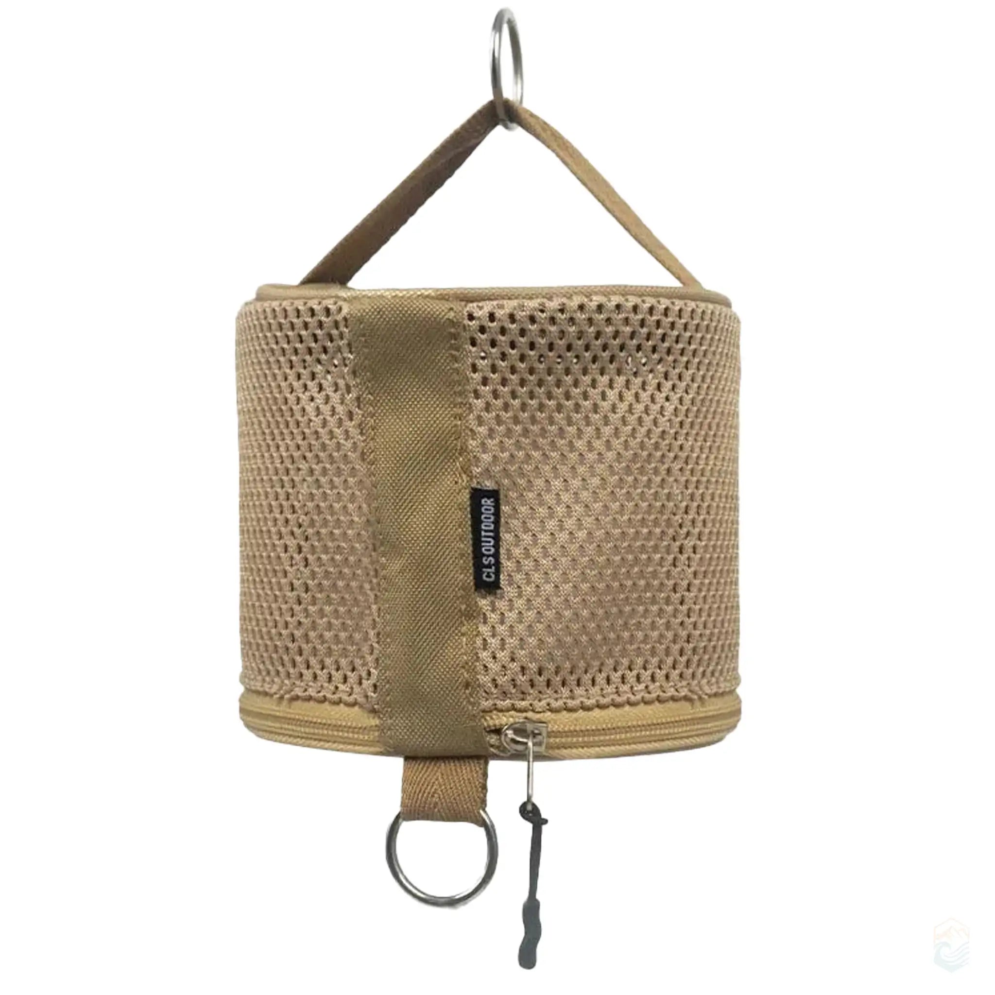 Khaki CLS outdoor camping toilet paper storage case made of durable oxford and mesh cloth, featuring a hanging loop and secure zipper closure, perfect for outdoor use