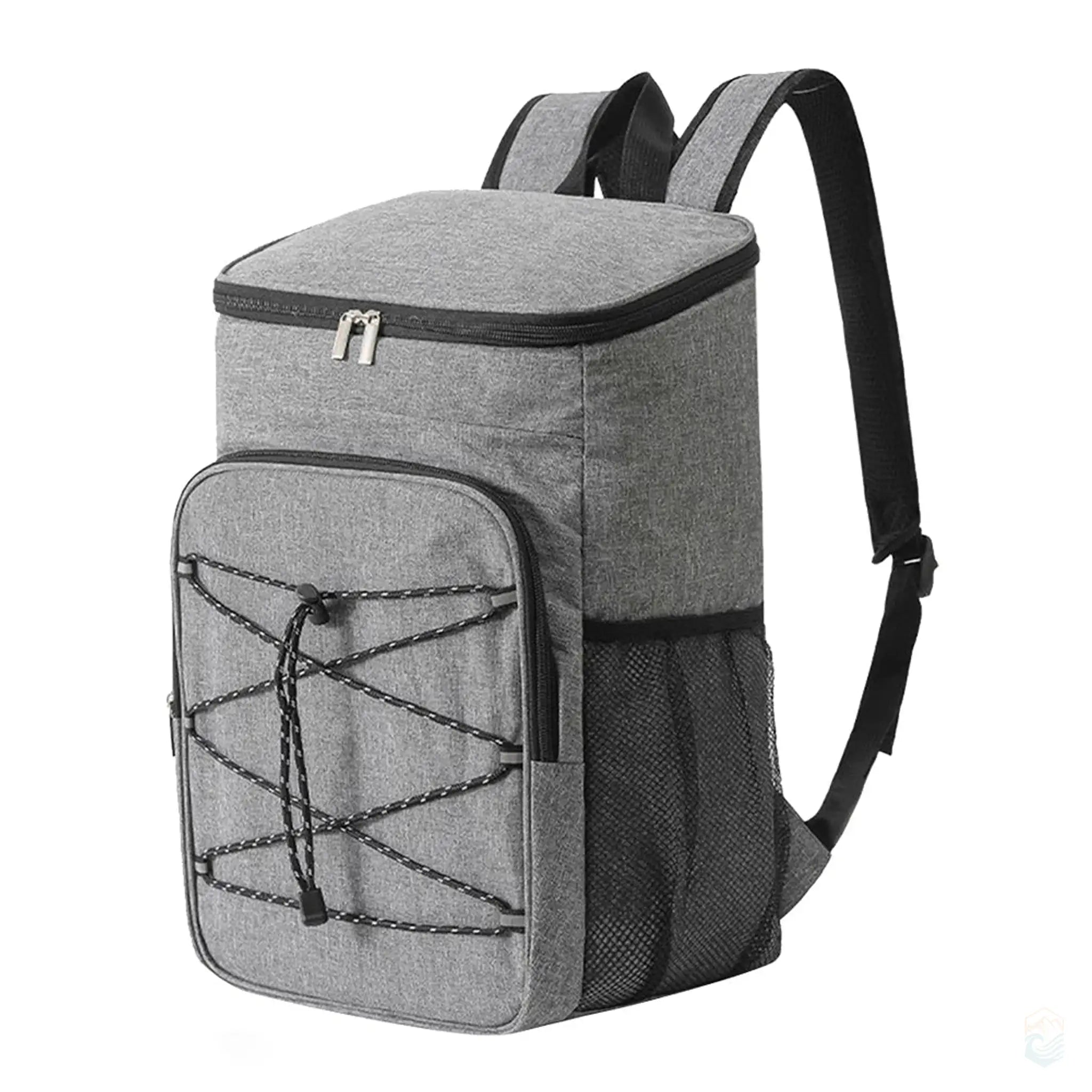 Light gray cooler backpack with front pocket, side mesh pockets, and adjustable straps, ideal for outdoor activities.