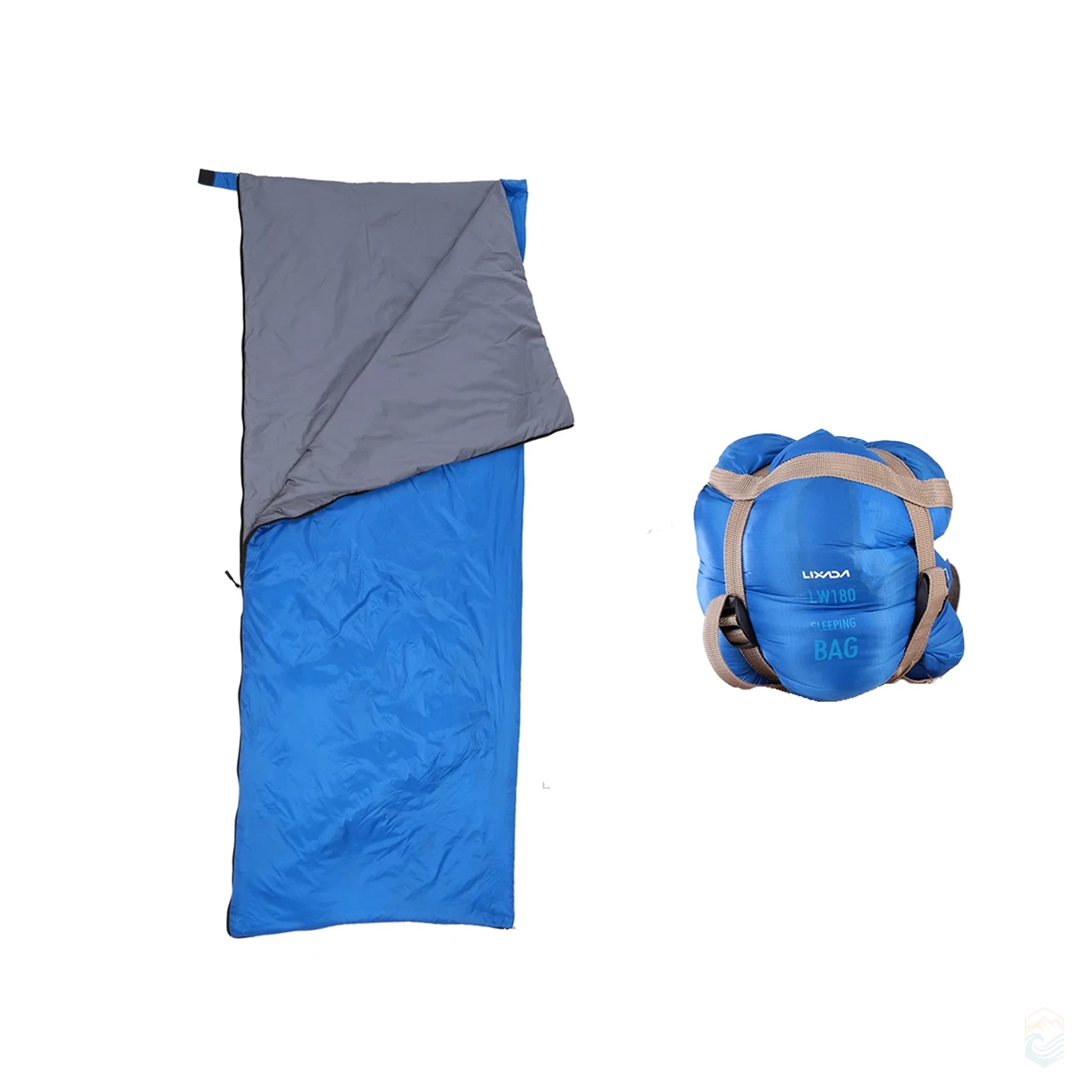 Blue Lixada ultralight envelope-style sleeping bag shown unrolled with gray lining, alongside its compact drawstring carry sack