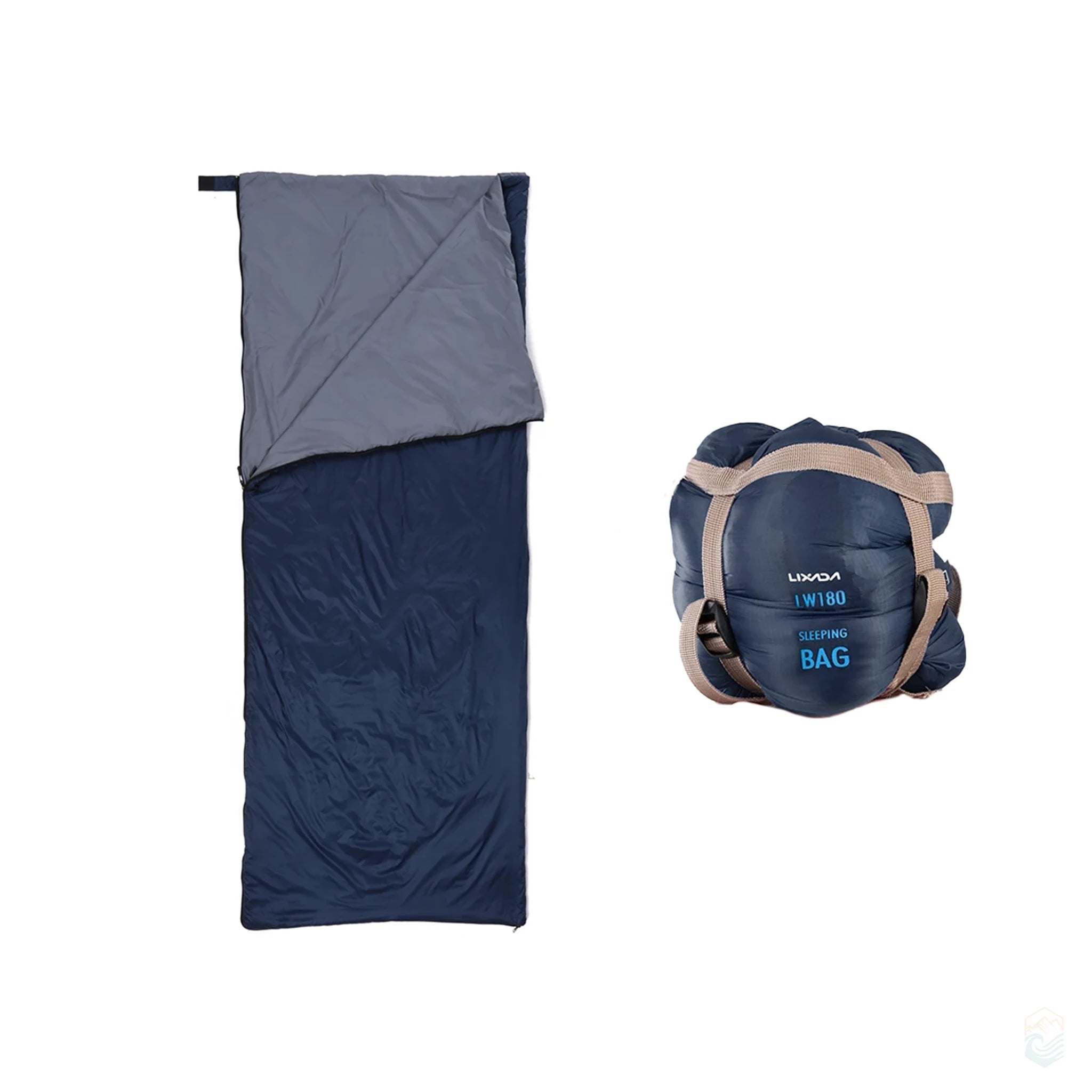 Dark blue Lixada ultralight sleeping bag with gray interior shown partially opened, next to matching dark blue stuff sack with beige compression straps