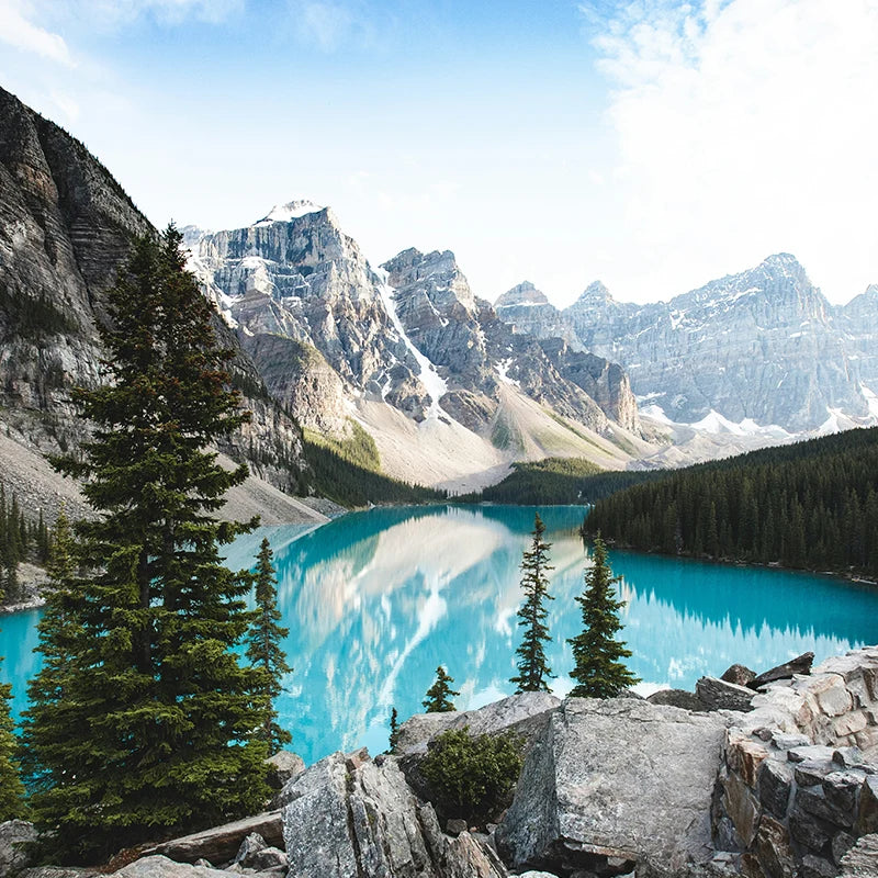 Scenic view of Moraine Lake with turquoise water surrounded by rocky mountains and dense forest.