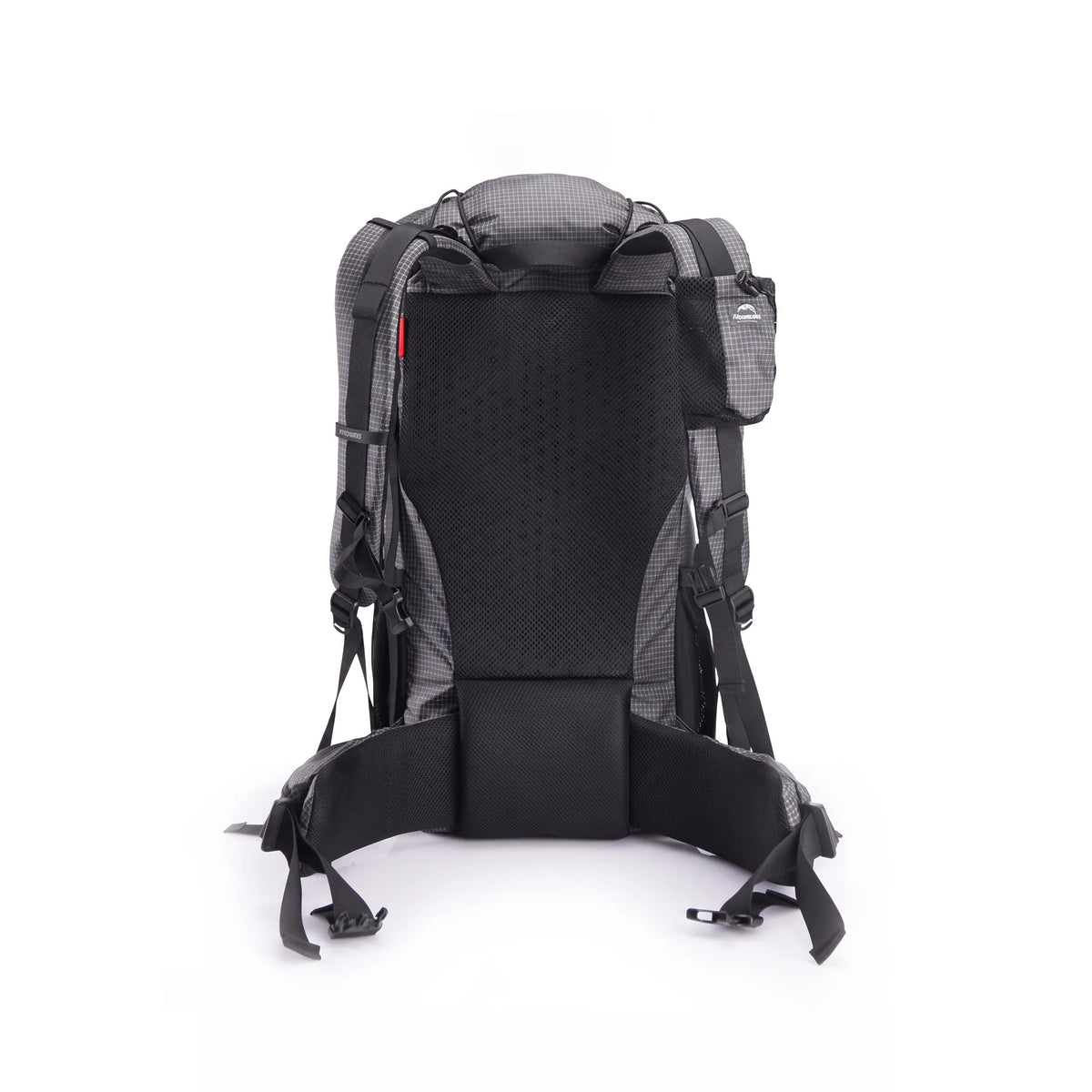 Rear view of the Naturehike 60L+5L ultralight hiking backpack in black showing the breathable padded back panel, adjustable shoulder straps, and ergonomic hip belt on a white background.