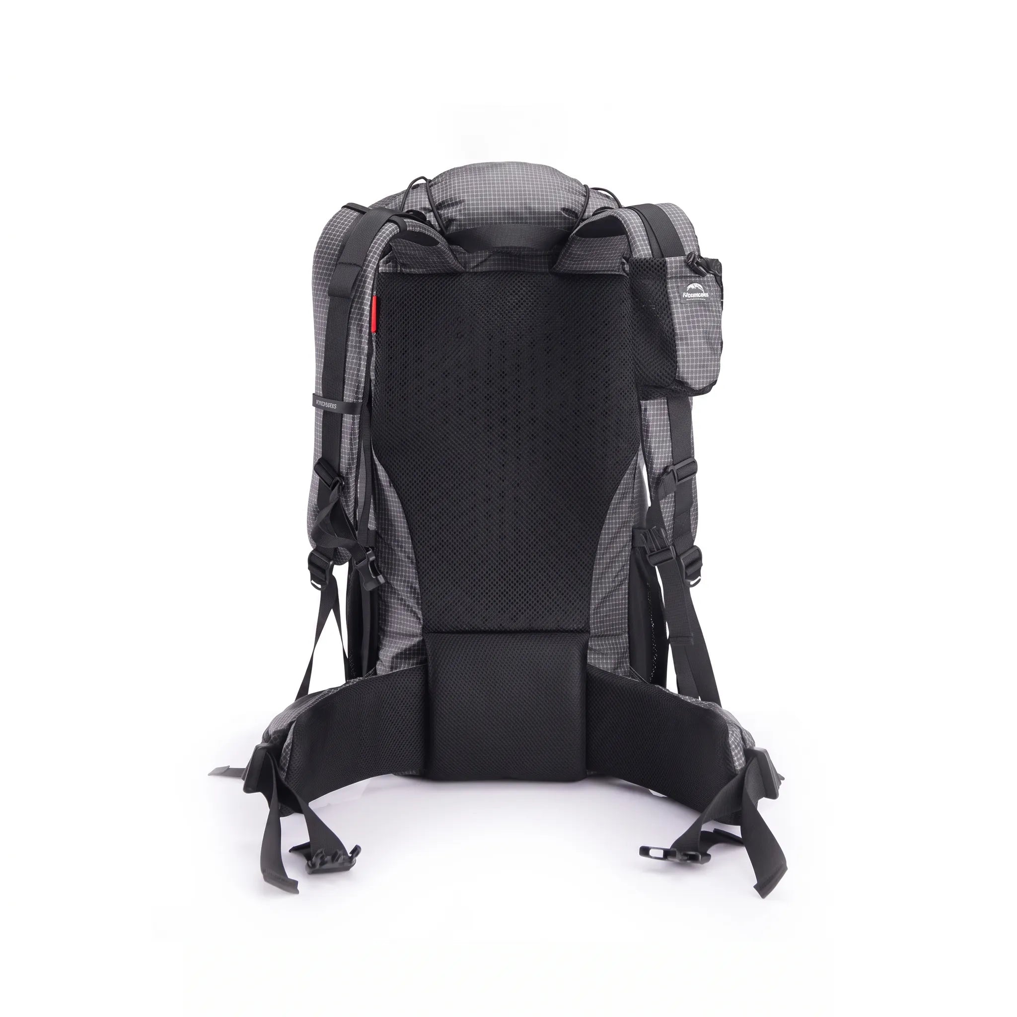 Rear view of the Naturehike 60L+5L ultralight hiking backpack in black showing the breathable padded back panel, adjustable shoulder straps, and ergonomic hip belt on a white background.