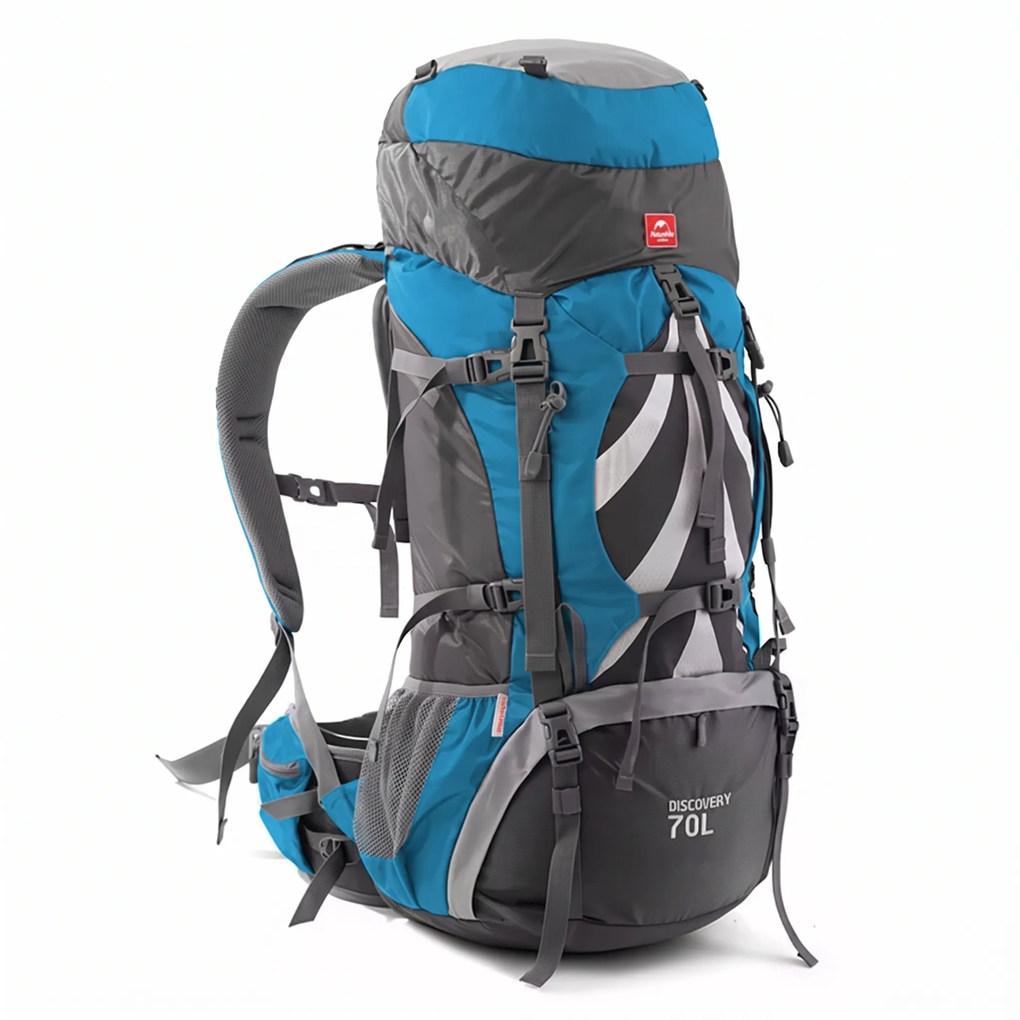 Front view of the Naturehike Discovery 70L hiking backpack in blue featuring adjustable compression straps, external gear attachment points, and a large-capacity design on a white background.