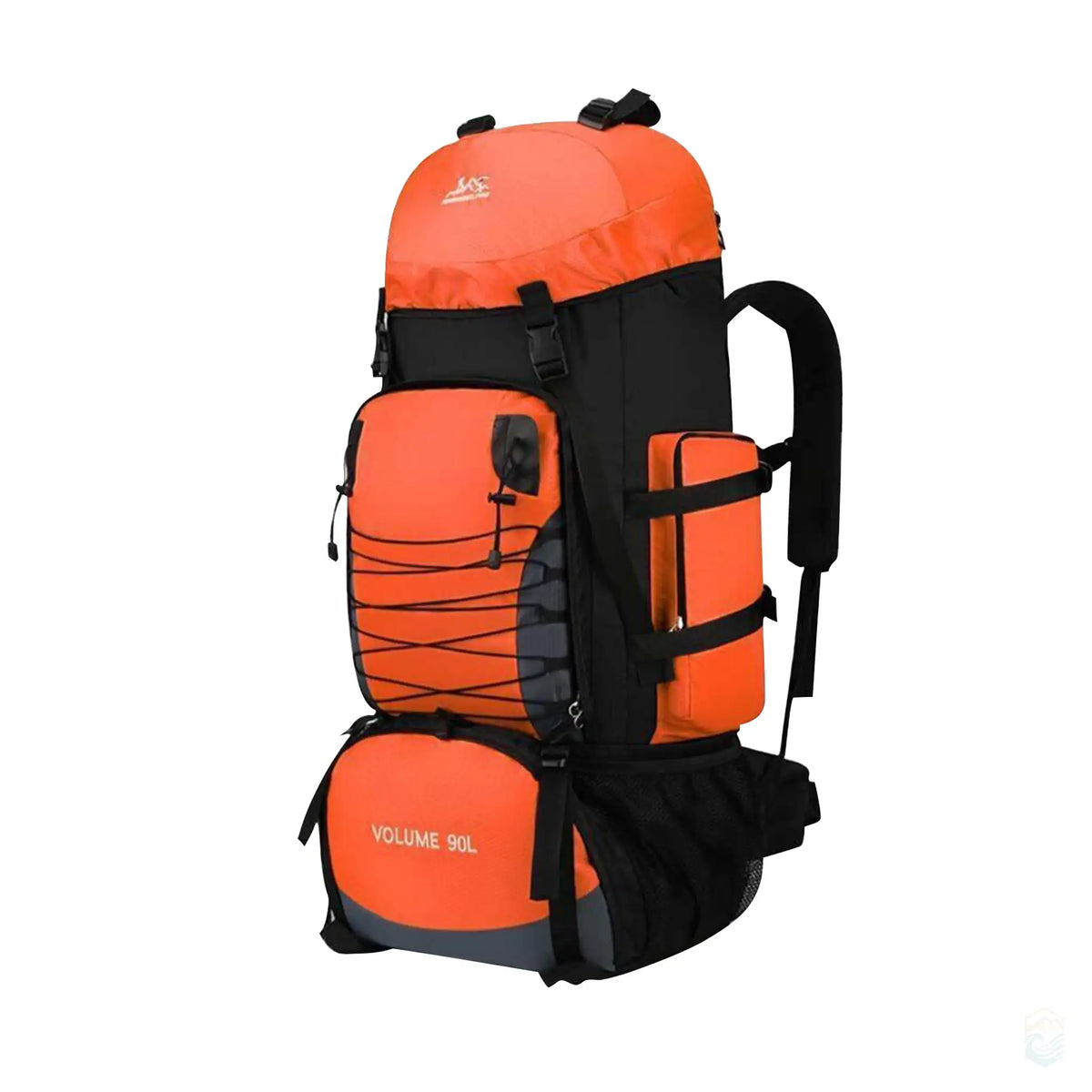 Bright orange 90L tactical camping backpack designed with multiple compartments, tactical straps, and reinforced zippers, ideal for carrying gear on extended outdoor adventures.