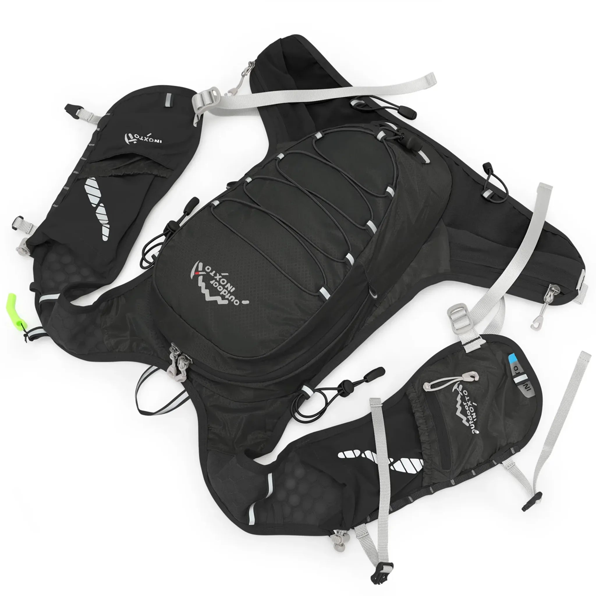 Black Outdoor INOXTO 12L hiking backpack with detachable running vest harness and removable front storage pockets displayed on a white background.