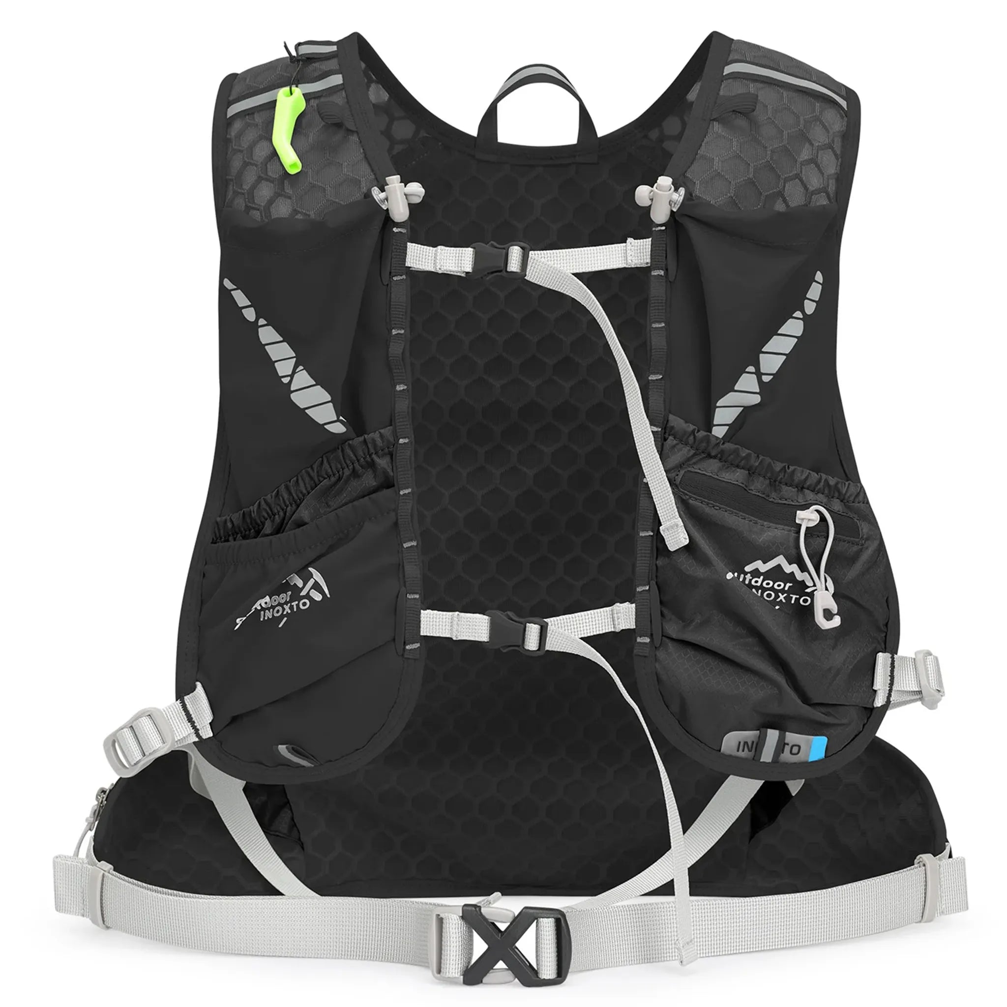 Front view of the black Outdoor INOXTO 12L hiking backpack harness with breathable mesh panels, dual adjustable sternum straps, zippered storage pocket, and quick-access chest pockets.