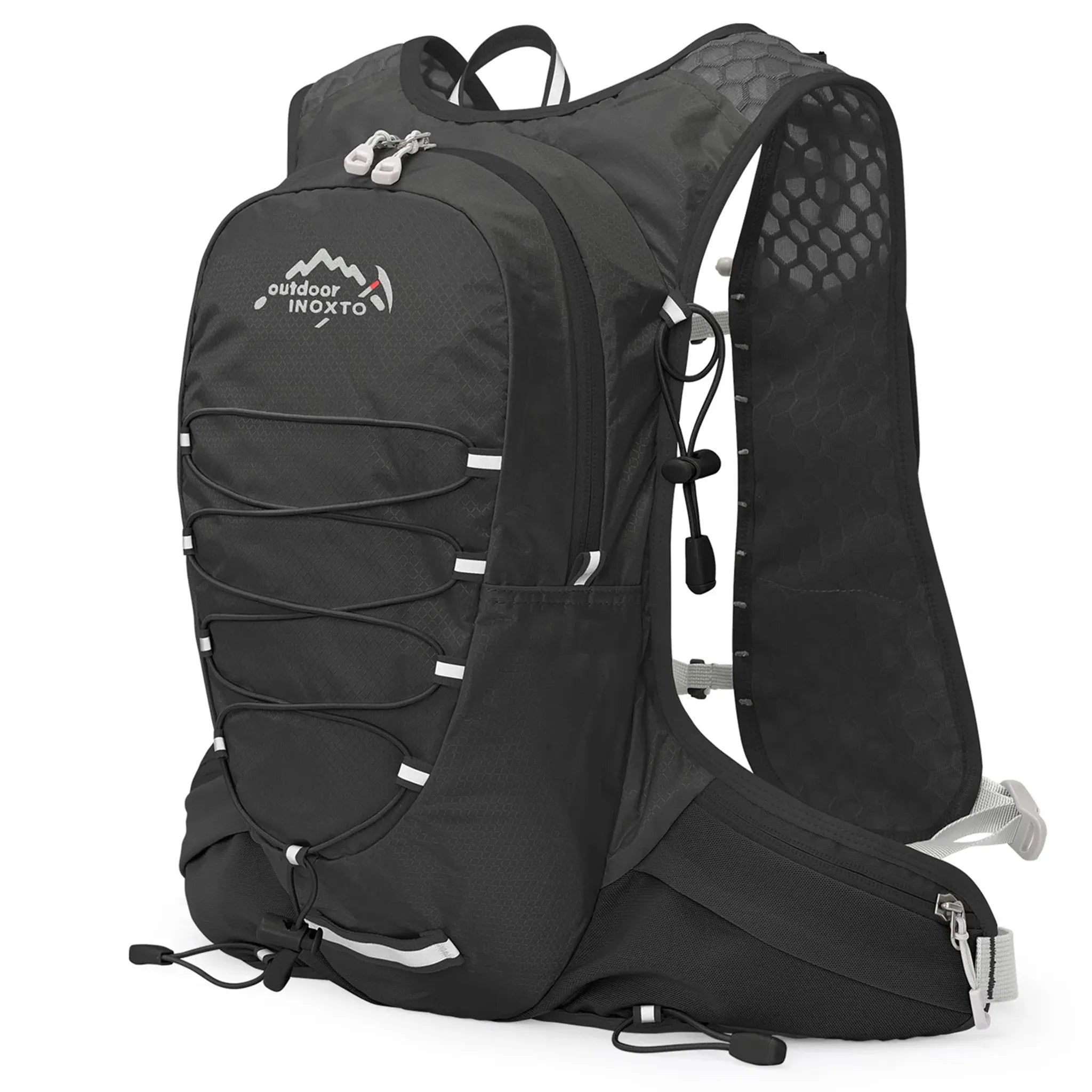 Black Outdoor INOXTO 12L lightweight hiking backpack with breathable mesh shoulder straps, adjustable waist belt, and front bungee storage for hiking, trail running, cycling, and outdoor adventures.