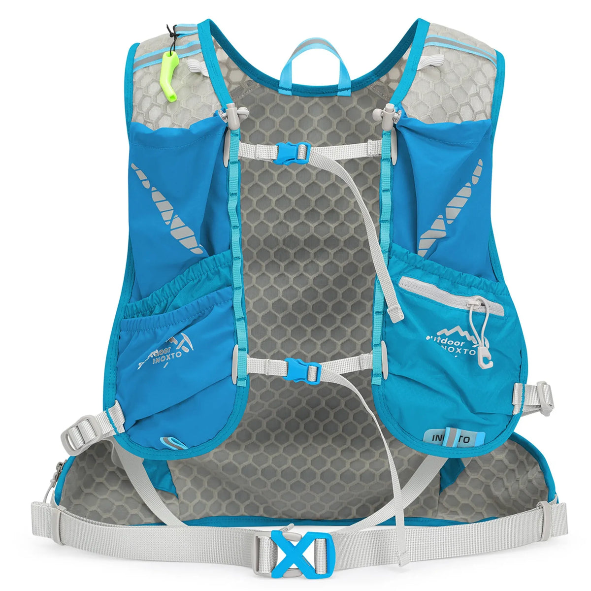 Front view of the blue Outdoor INOXTO 12L hiking backpack harness featuring breathable honeycomb mesh, dual adjustable sternum straps, zippered chest pocket, stretch storage pockets, and padded waist belt.