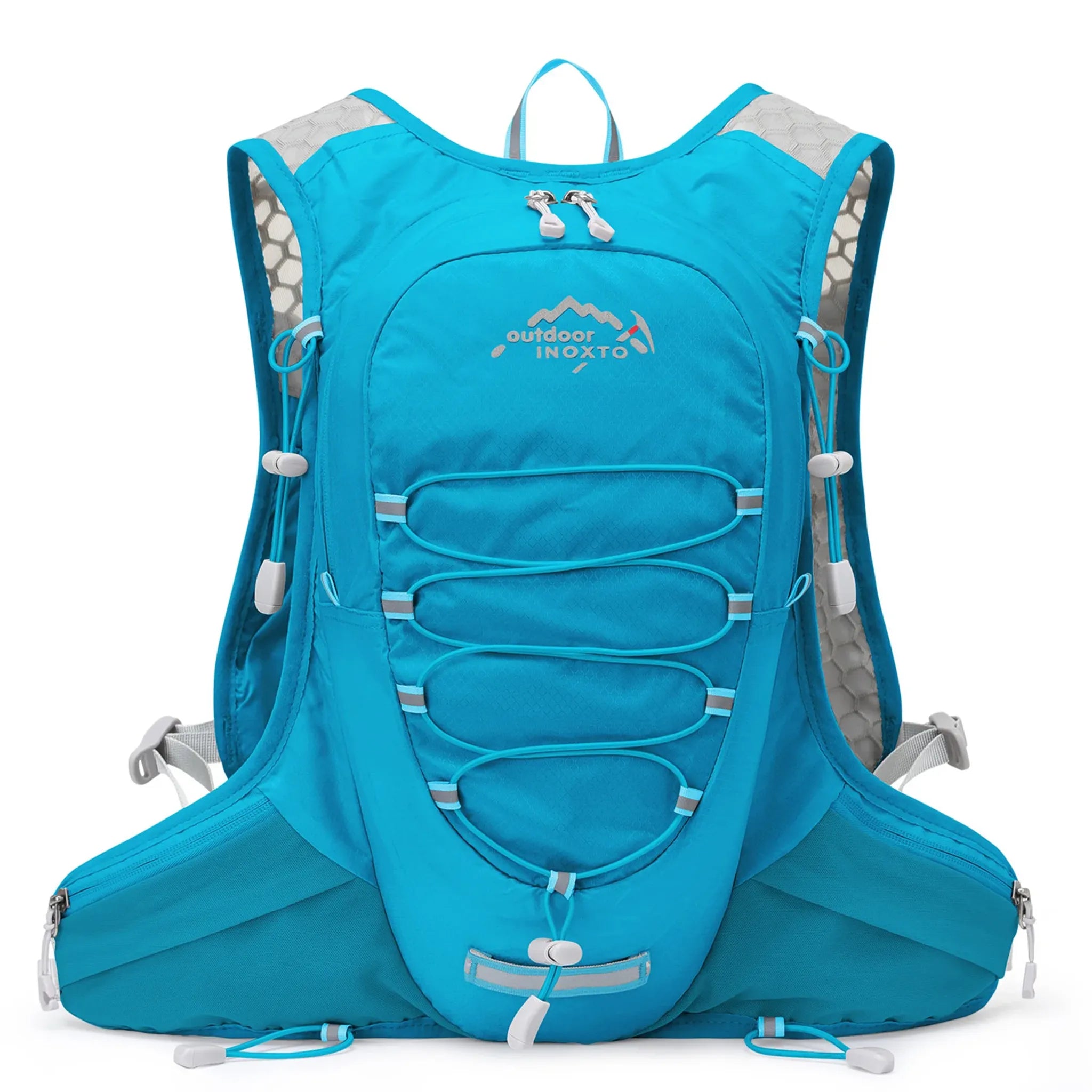 Front view of the blue Outdoor INOXTO 12L lightweight hiking backpack with front bungee storage, breathable shoulder straps, adjustable waist belt, and multiple gear compartments.