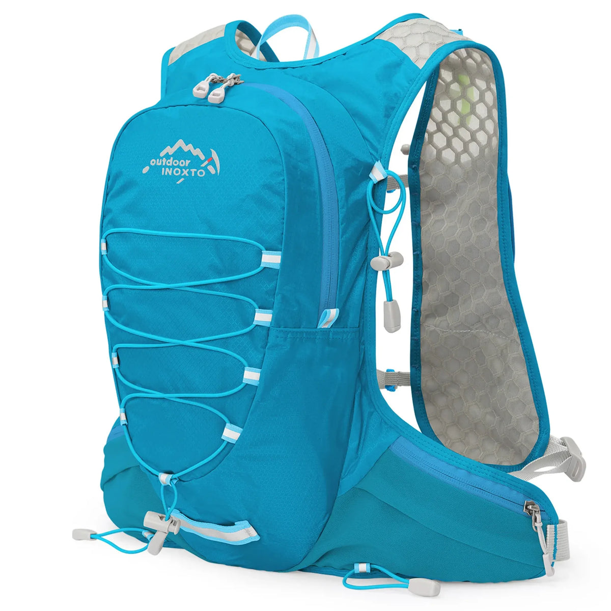 Blue Outdoor INOXTO 12L lightweight hiking backpack with breathable mesh shoulder straps, adjustable waist belt, and front bungee storage for hiking, trail running, cycling, and outdoor adventures.