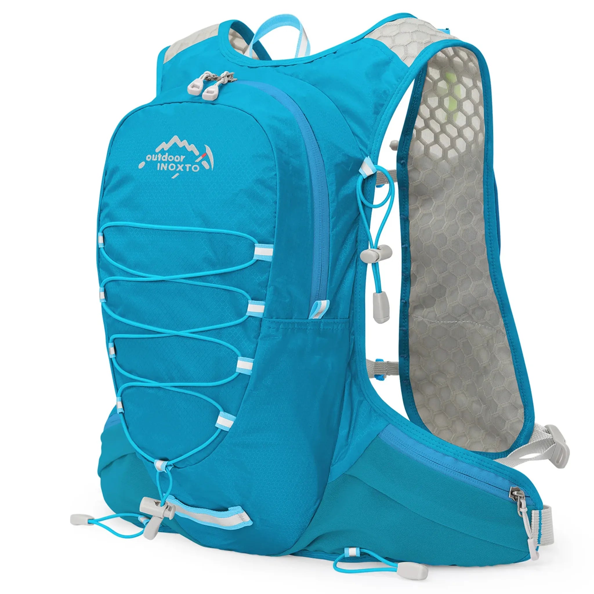 Blue Outdoor INOXTO 12L lightweight hiking backpack with breathable mesh shoulder straps, adjustable waist belt, and front bungee storage for hiking, trail running, cycling, and outdoor adventures.